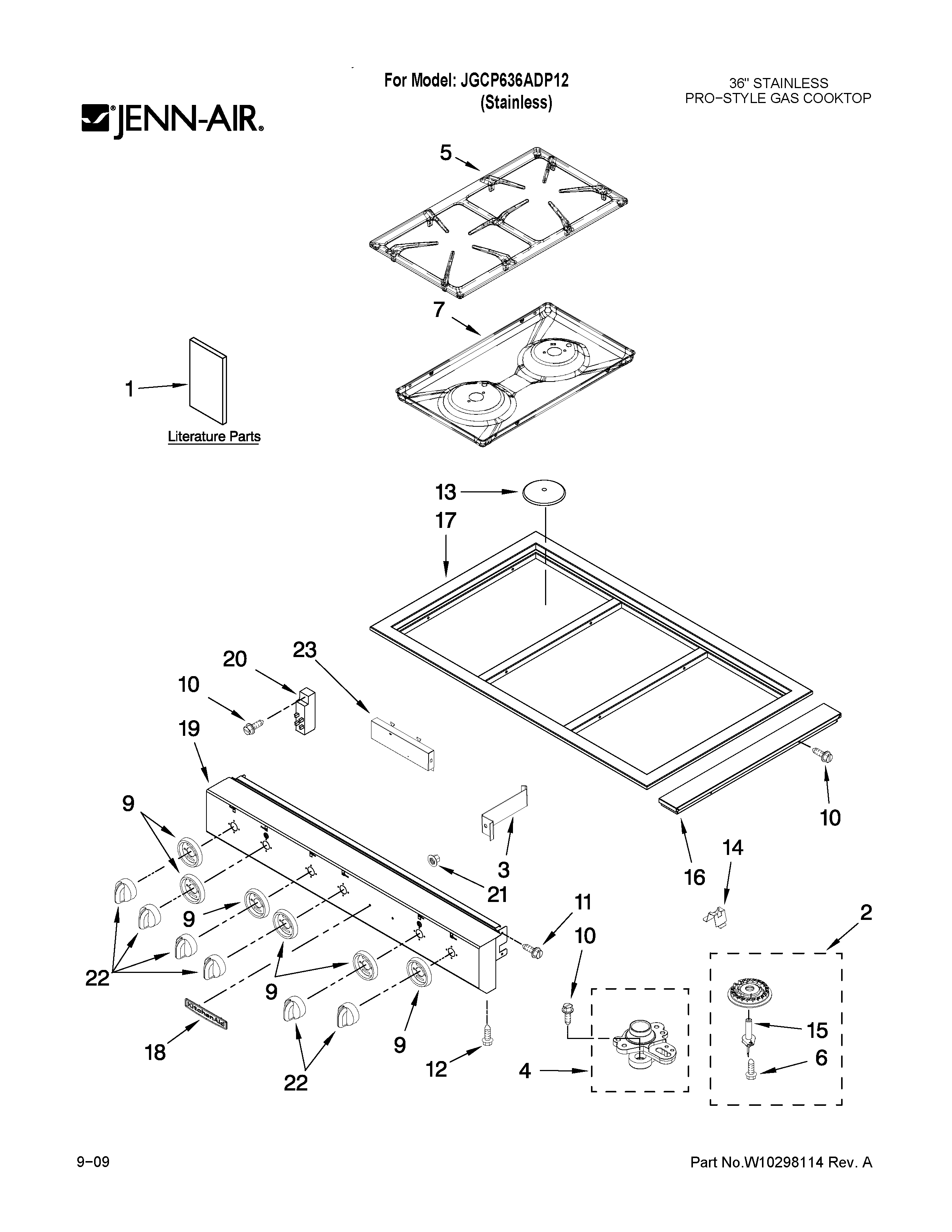Jenn-Air JGCP636ADP12 cooktop, burner and grate parts diagram