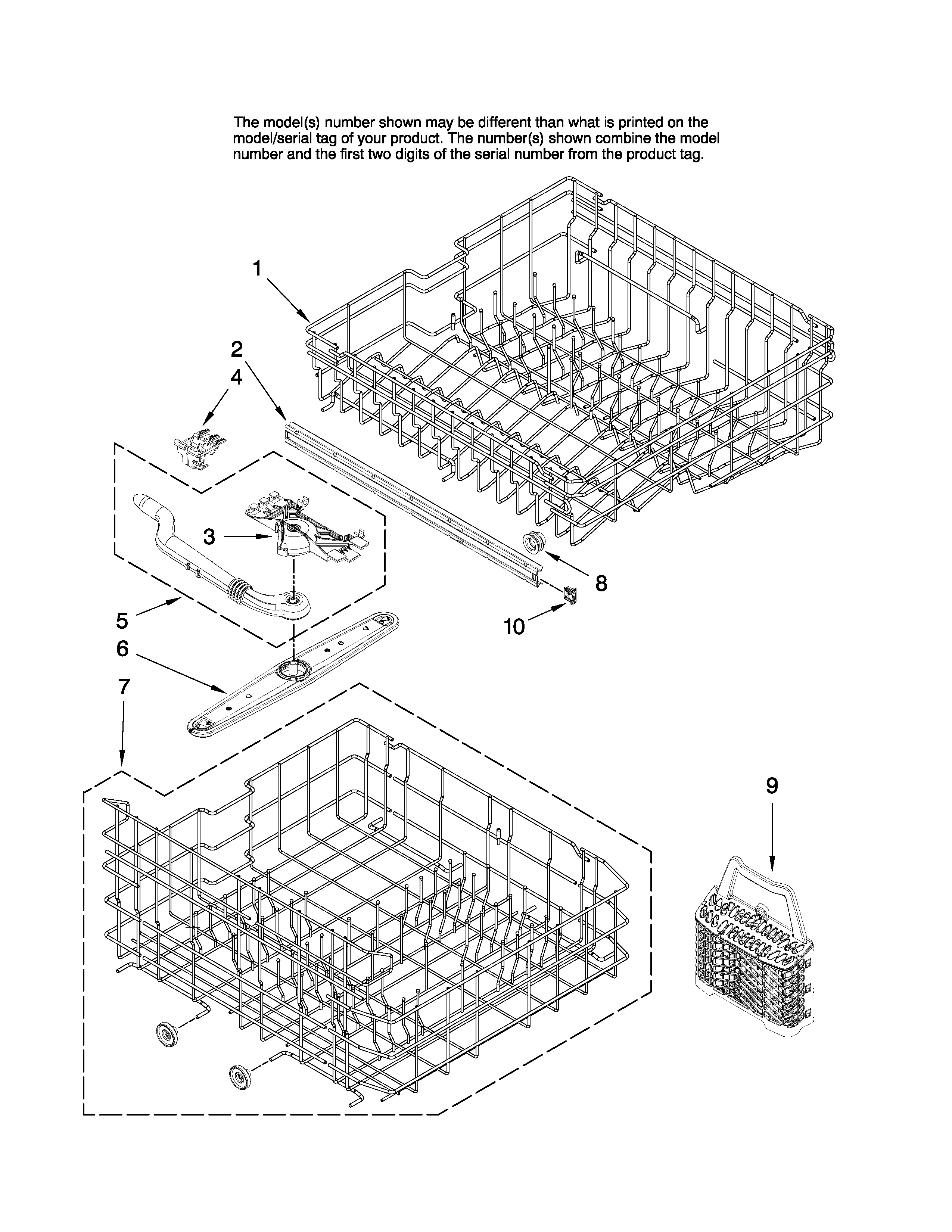 Amana ADB1500AWW3 upper and lower rack parts diagram
