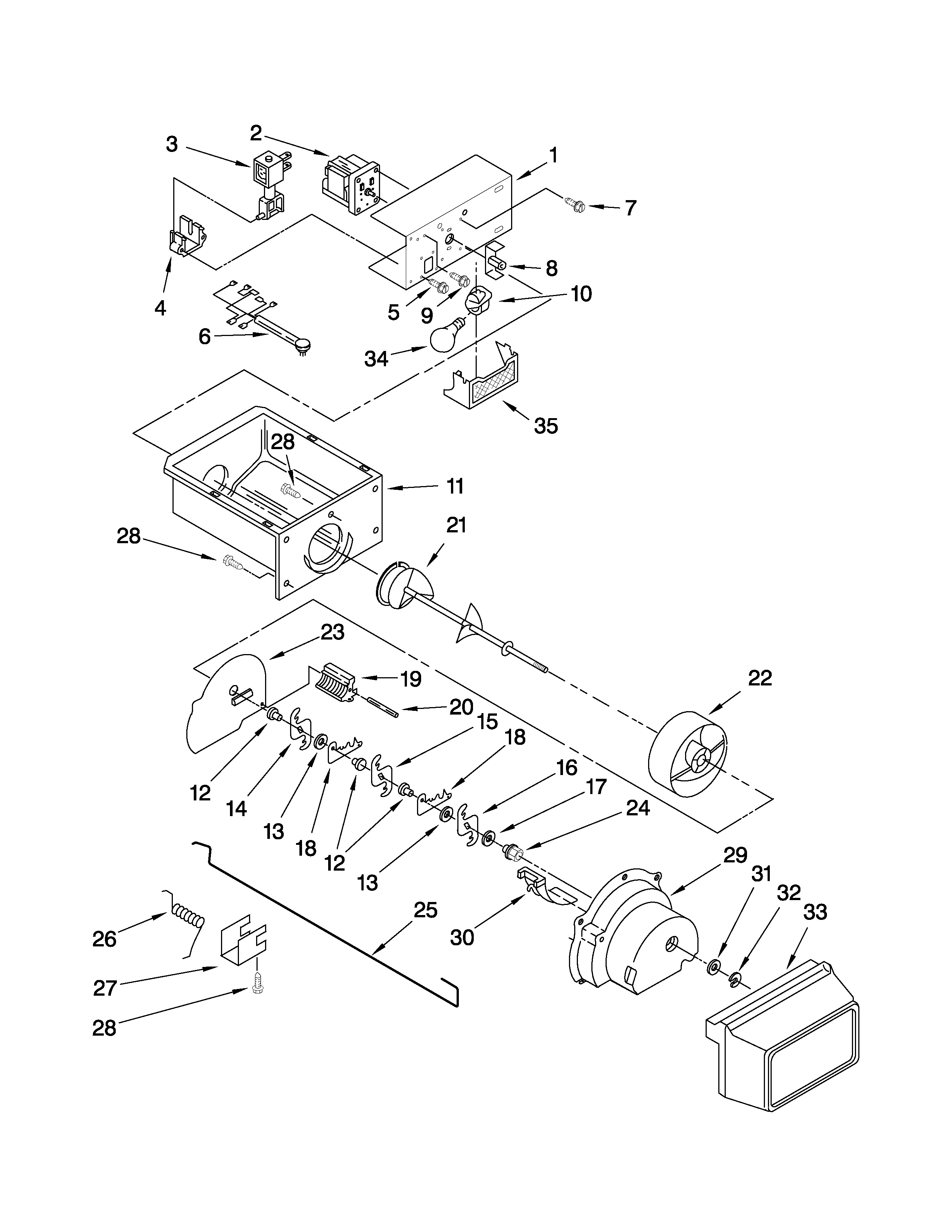 Whirlpool ED2FHEXVQ01 motor and ice container parts diagram