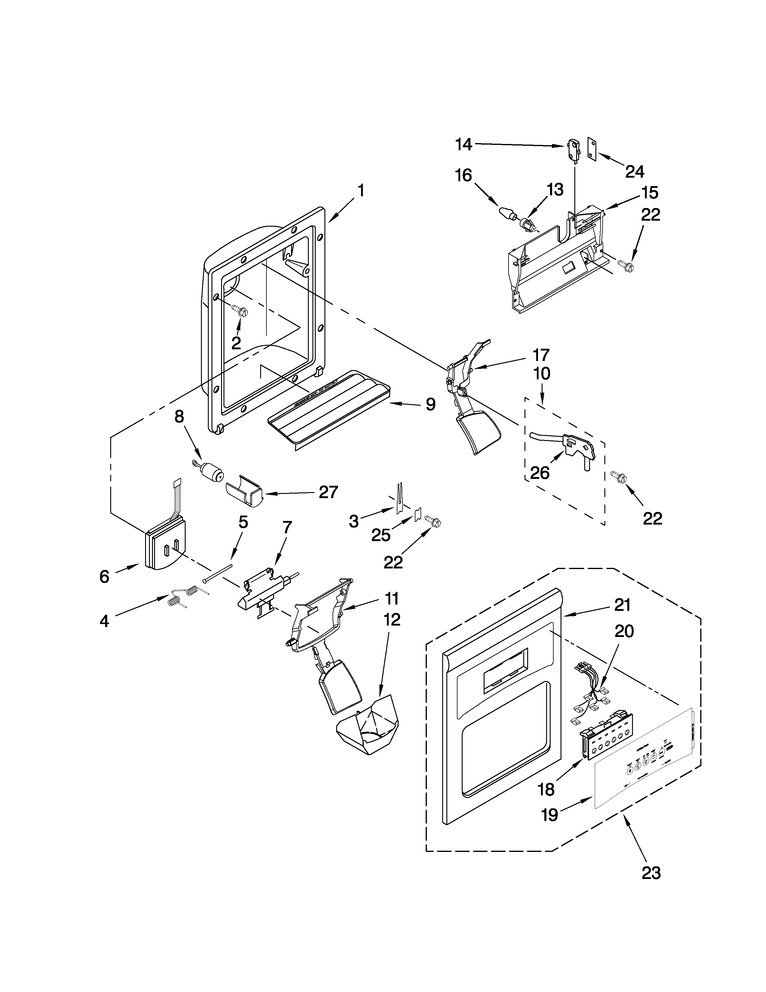 Whirlpool ED2FHEXVQ01 dispenser front parts diagram