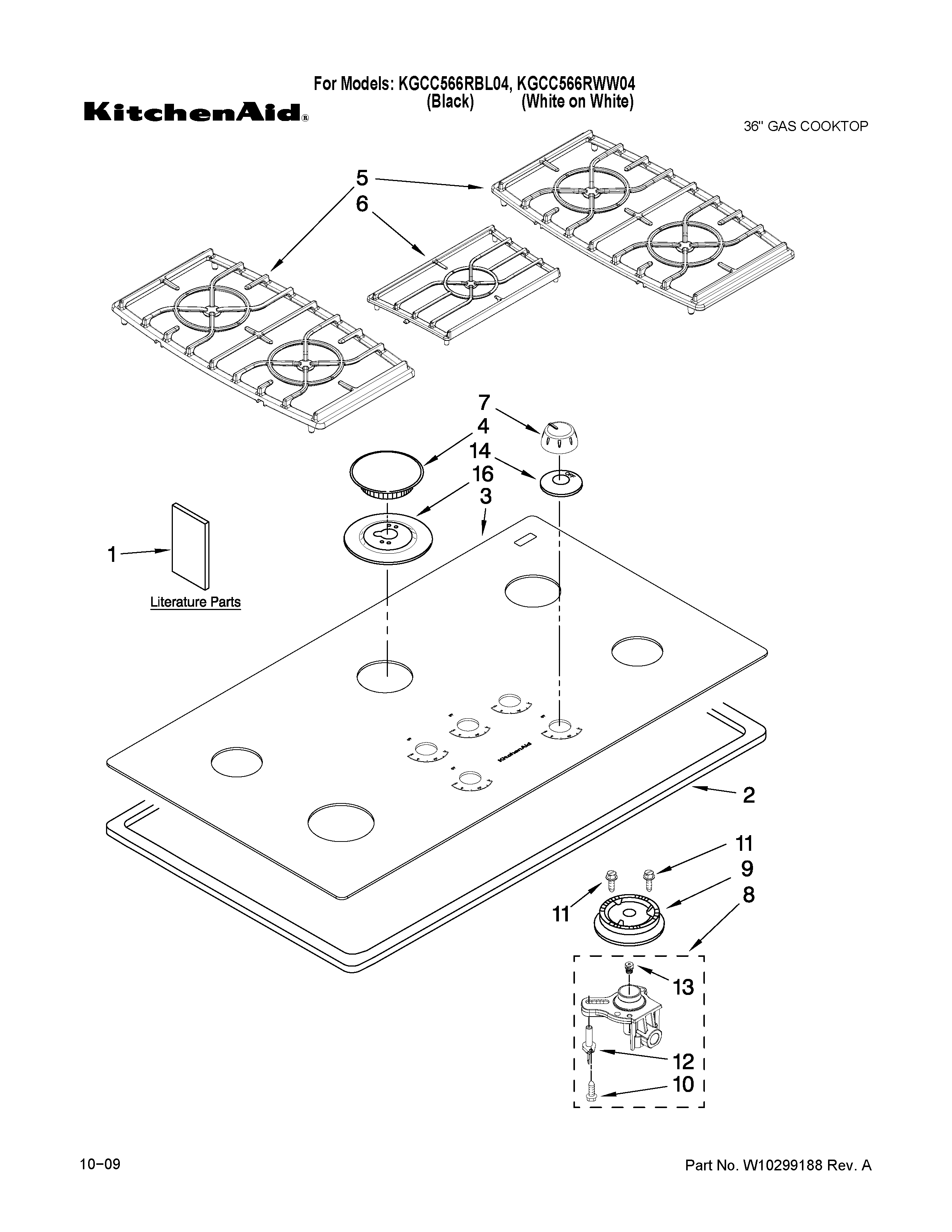 KitchenAid KGCC566RWW04 cooktop, burner and grate parts diagram