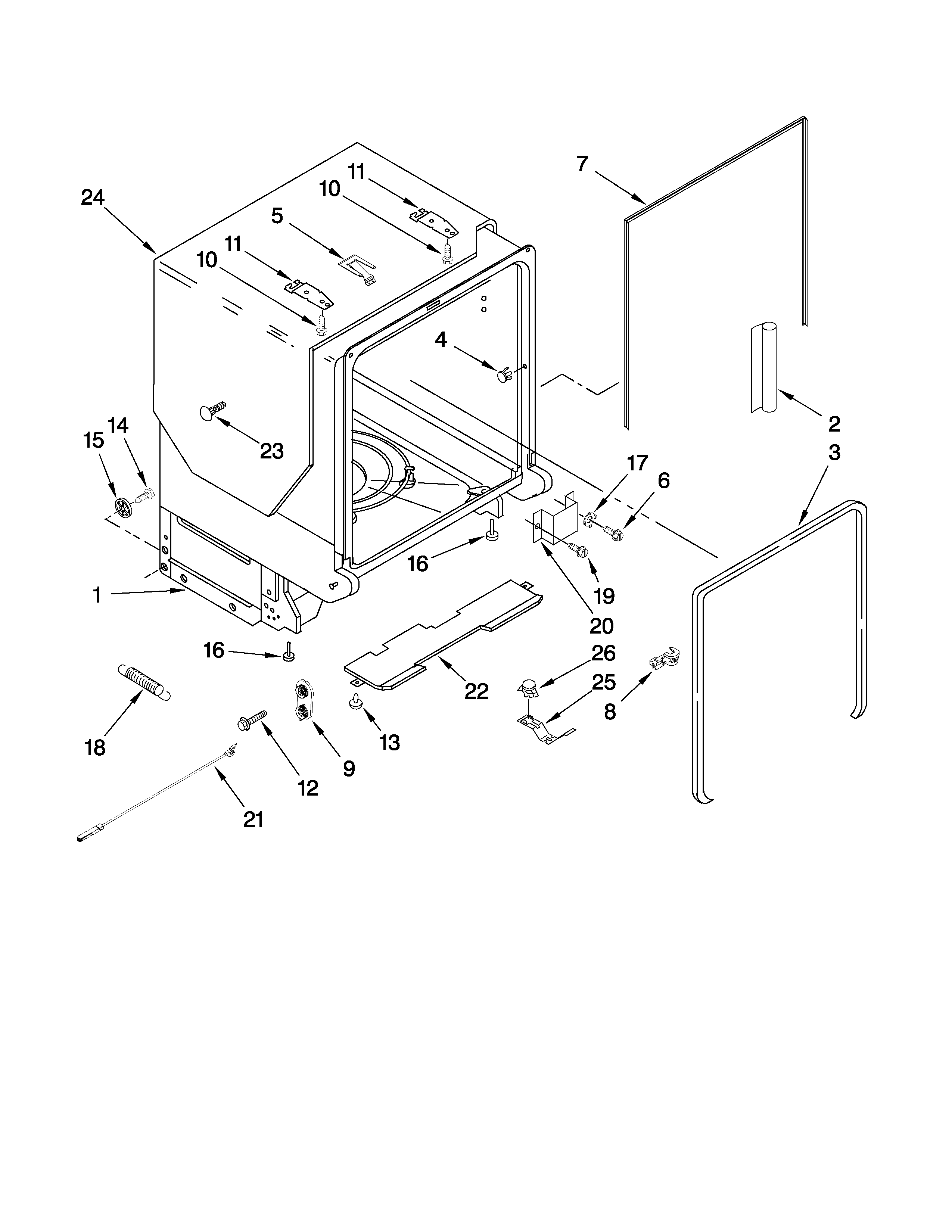 KitchenAid KUDE60FVBL1 tub and frame parts diagram