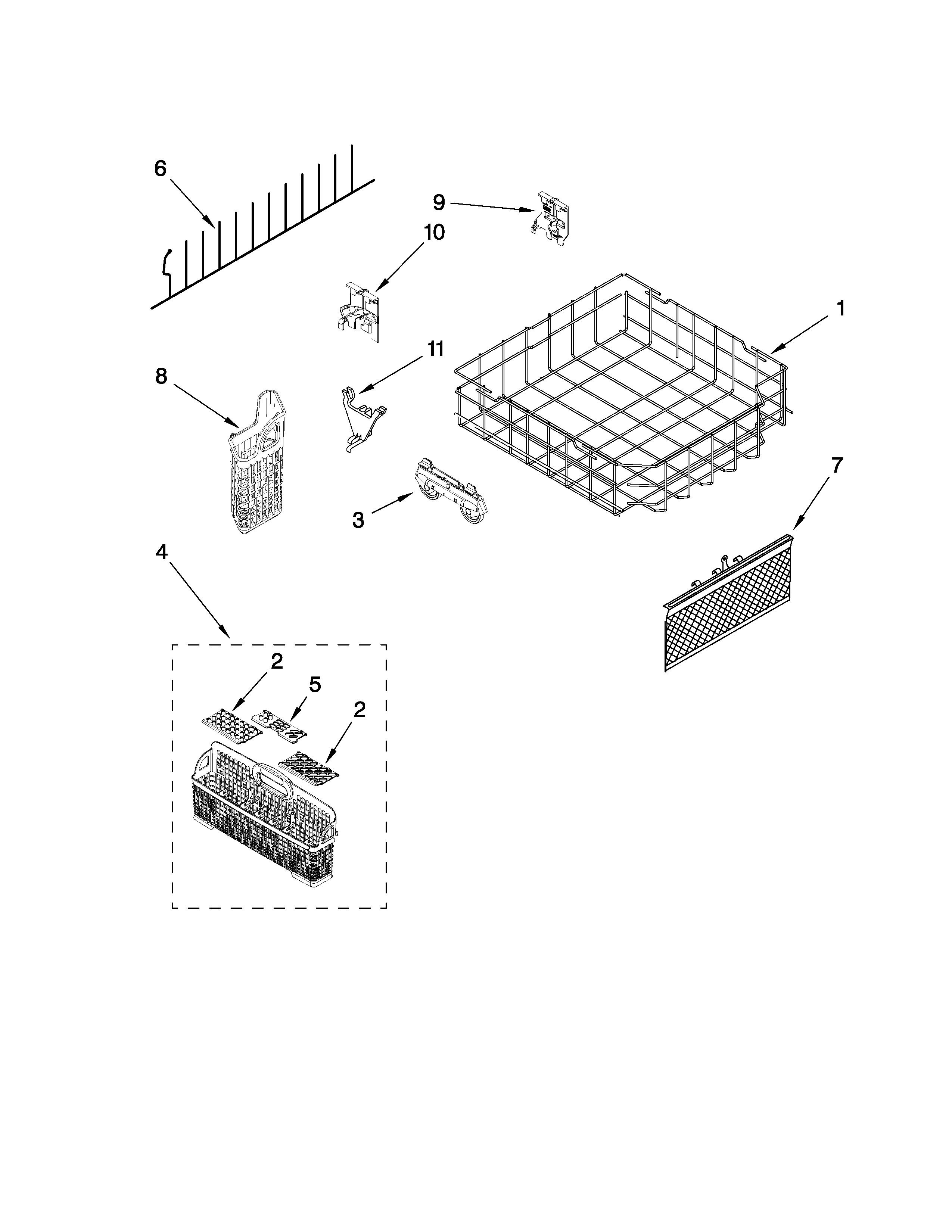 KitchenAid KUDE60FVBL1 lower rack parts diagram