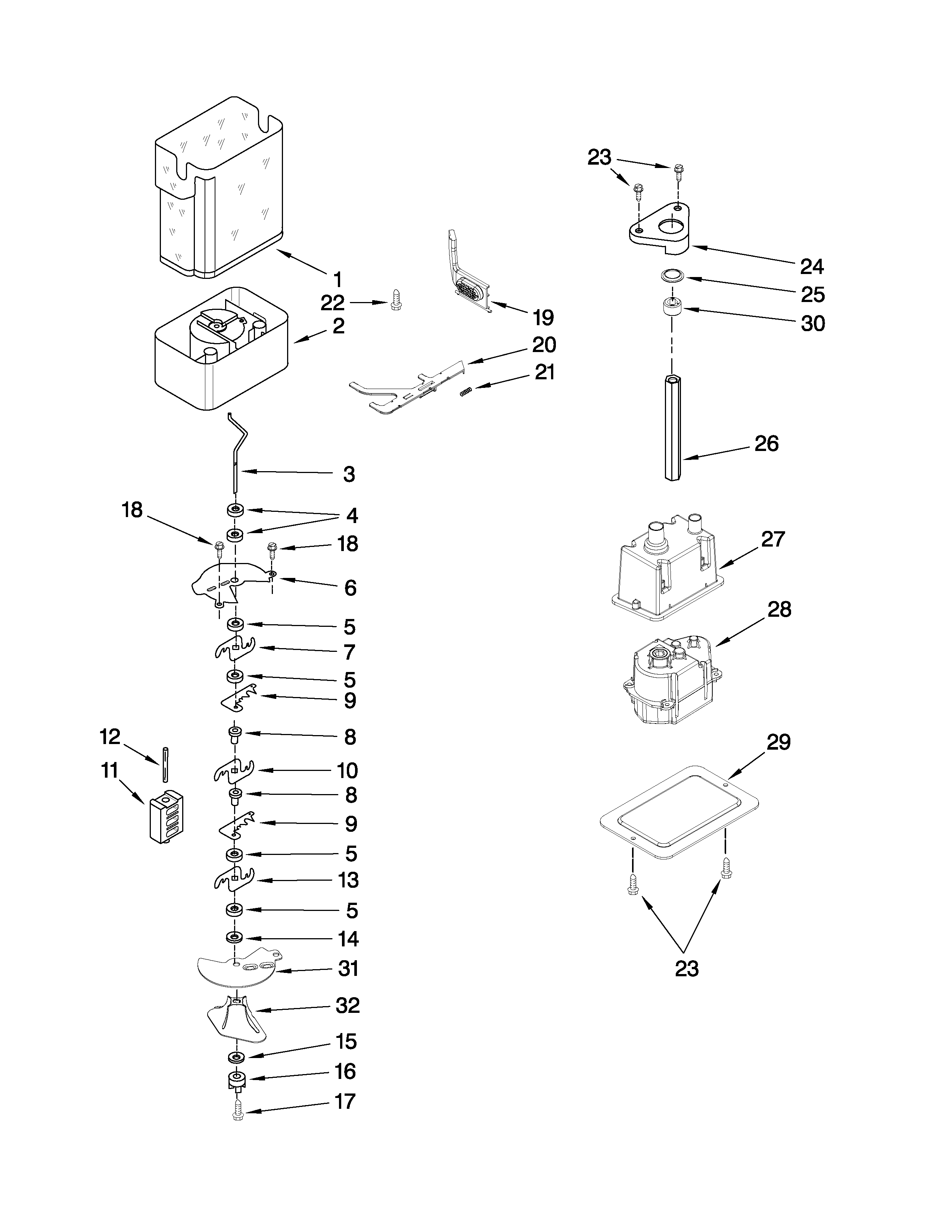 Jenn-Air JS48CXDUDB00 motor and ice container parts diagram
