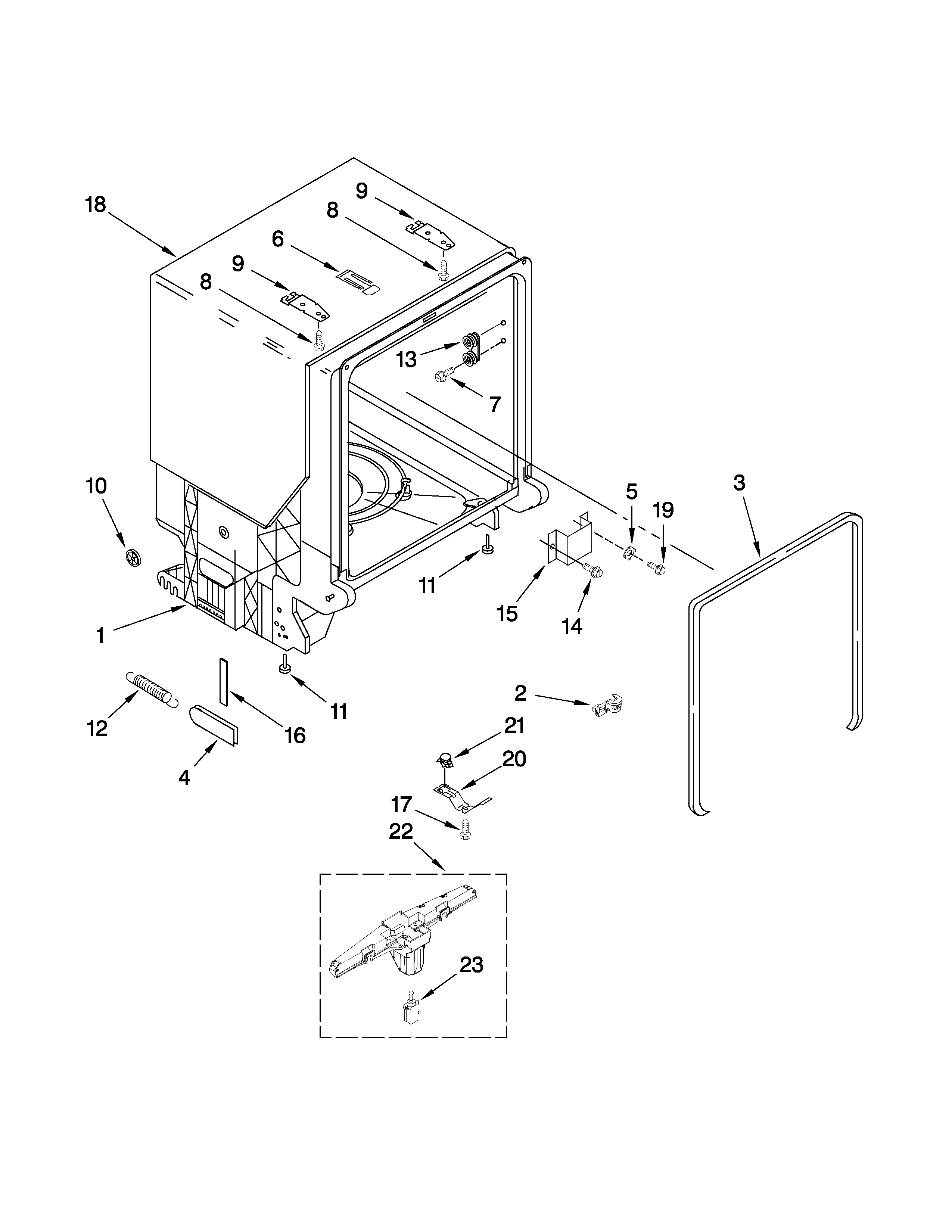 Whirlpool GU2300XTVQ1 tub and frame parts diagram