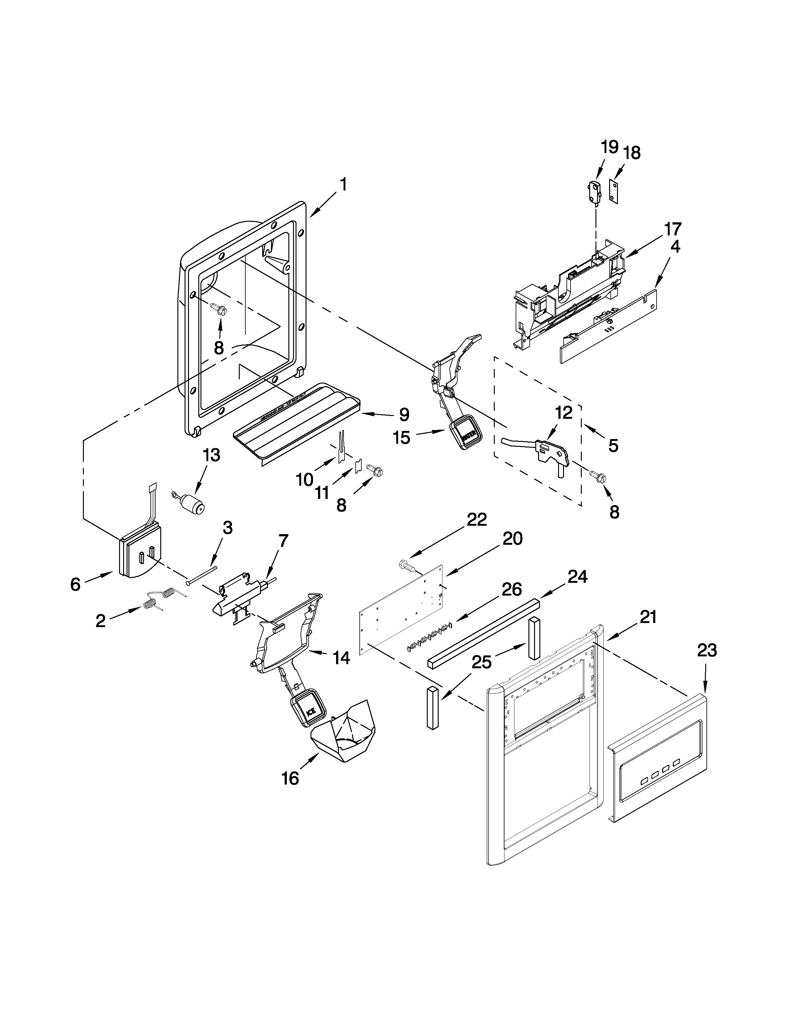 Whirlpool GD5RVAXVA05 dispenser front parts diagram