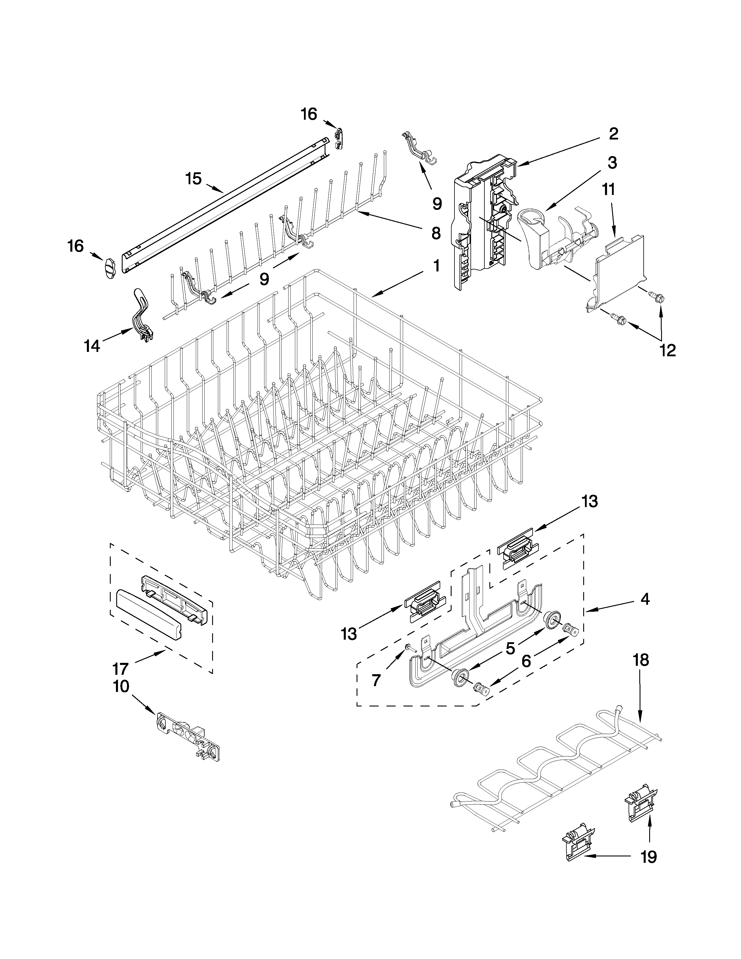 KitchenAid KUDS50FVPA2 upper rack and track parts diagram