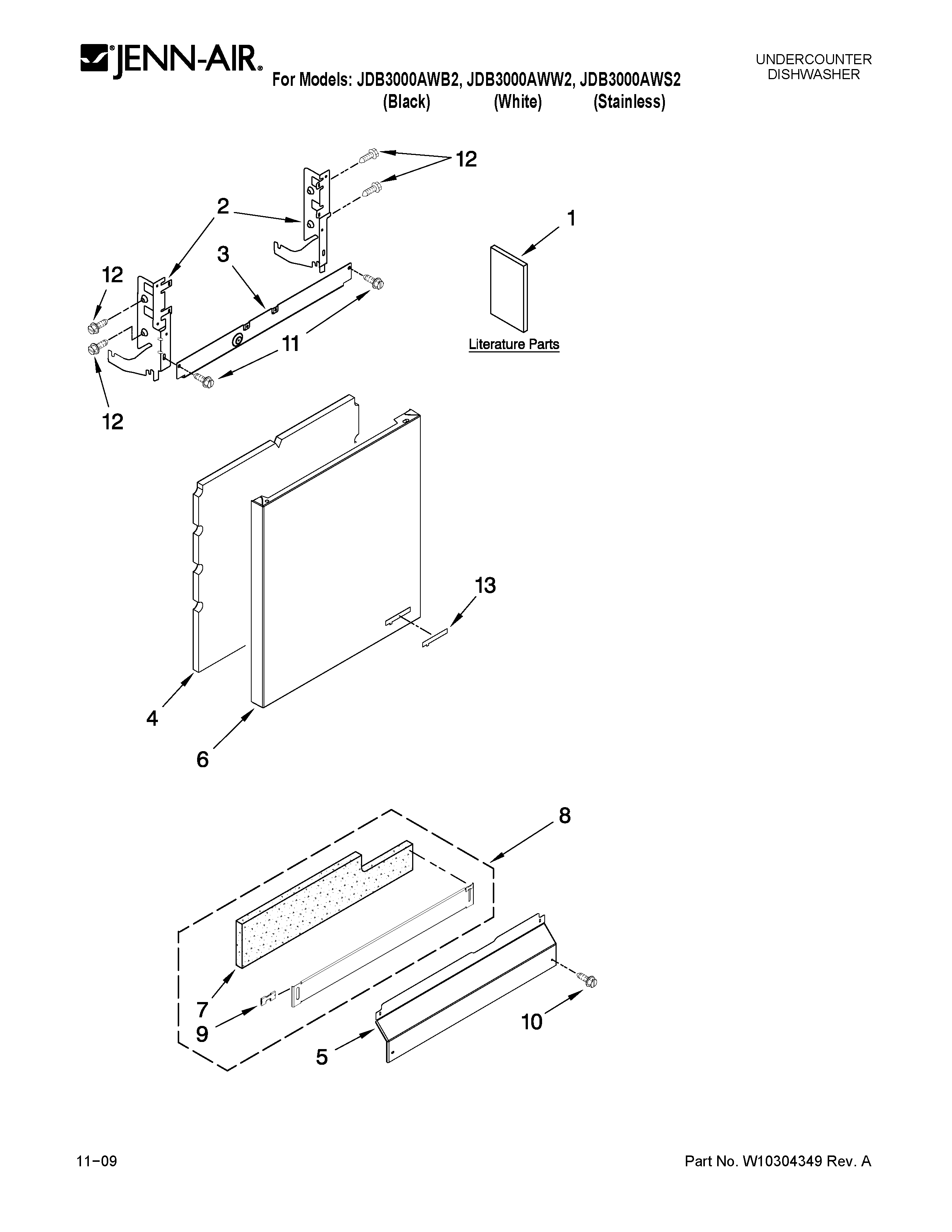 Jenn-Air JDB3000AWB2 door and panel parts diagram
