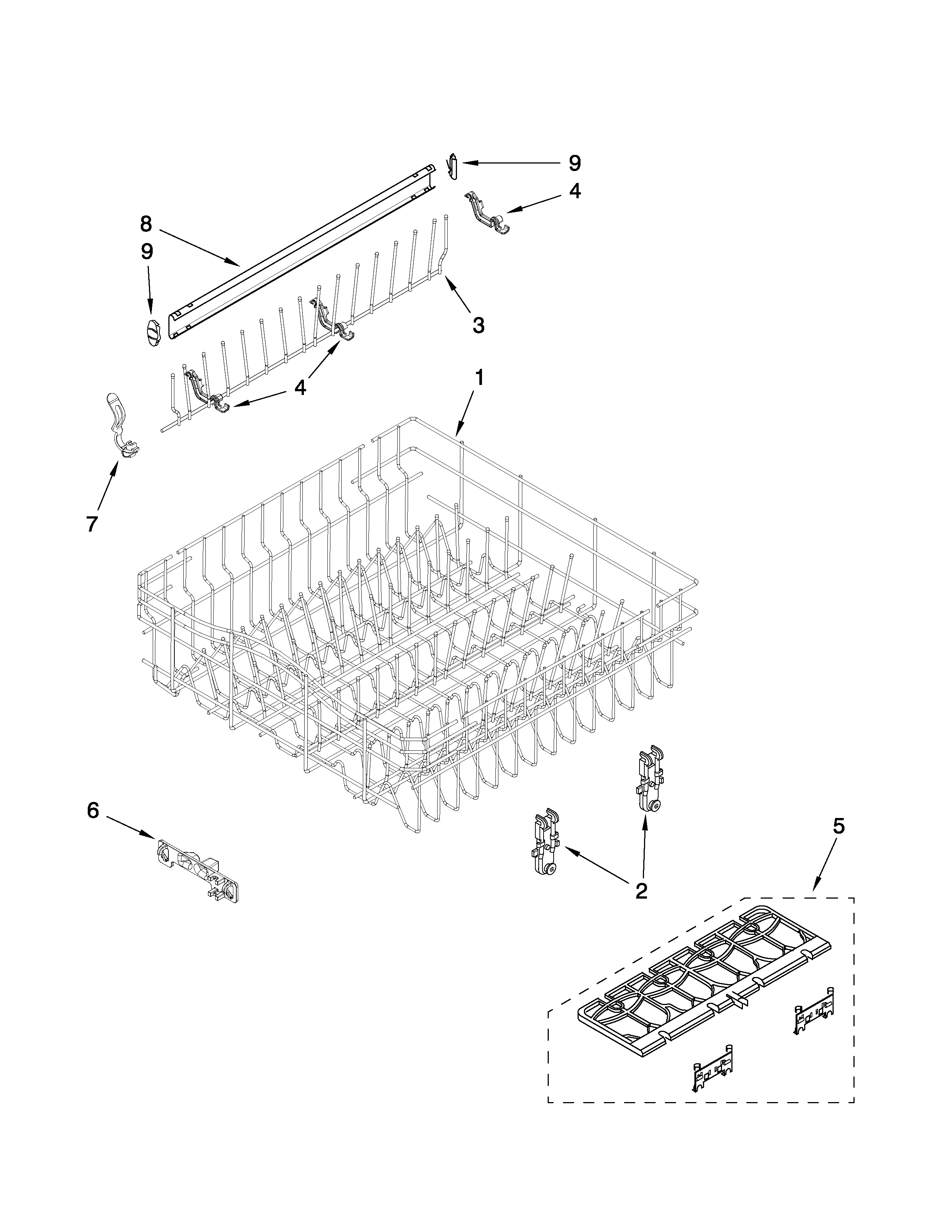 Whirlpool GU2475XTVY1 upper rack and track parts diagram