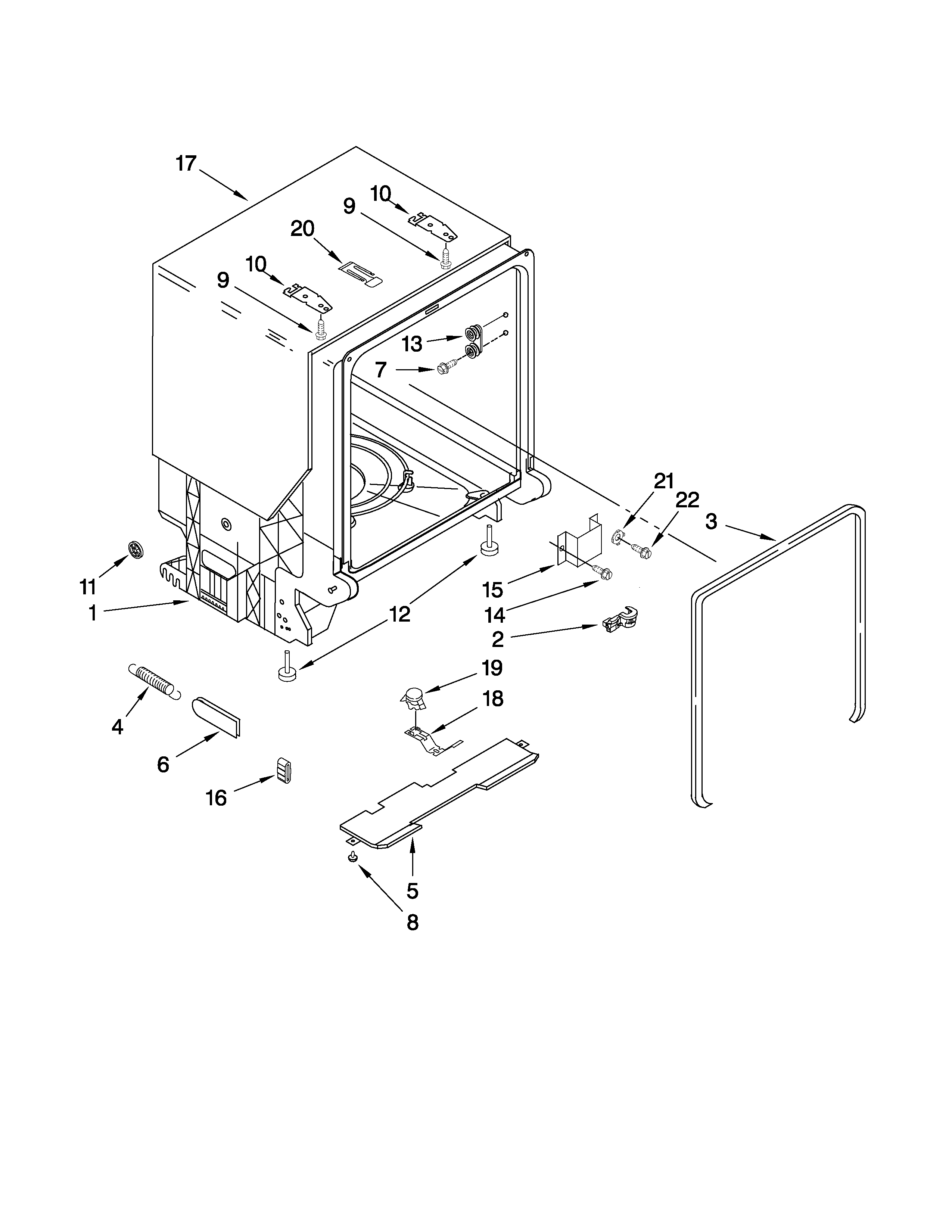 Whirlpool GU2800XTVY1 tub and frame parts diagram