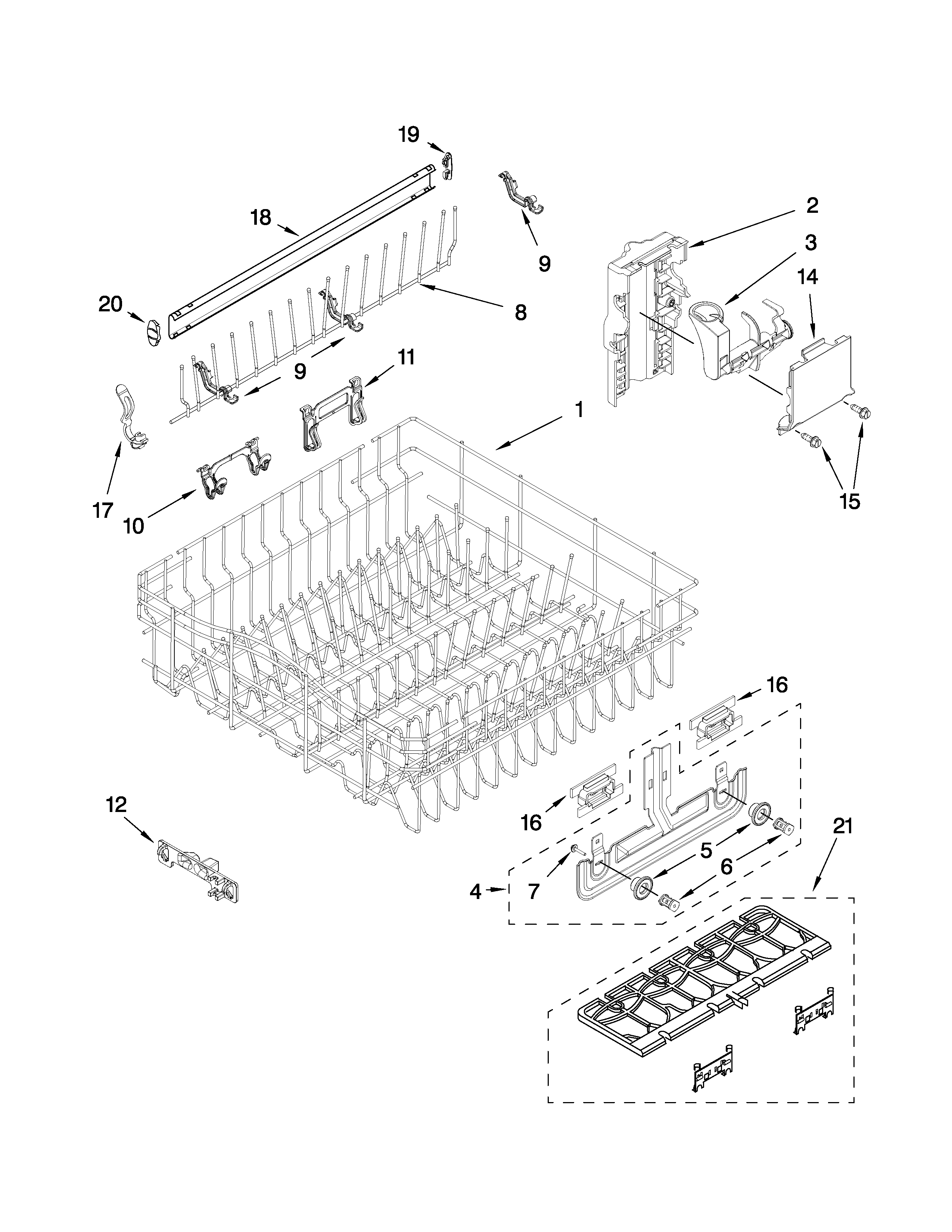 Whirlpool GU2800XTVY1 upper rack and track parts diagram