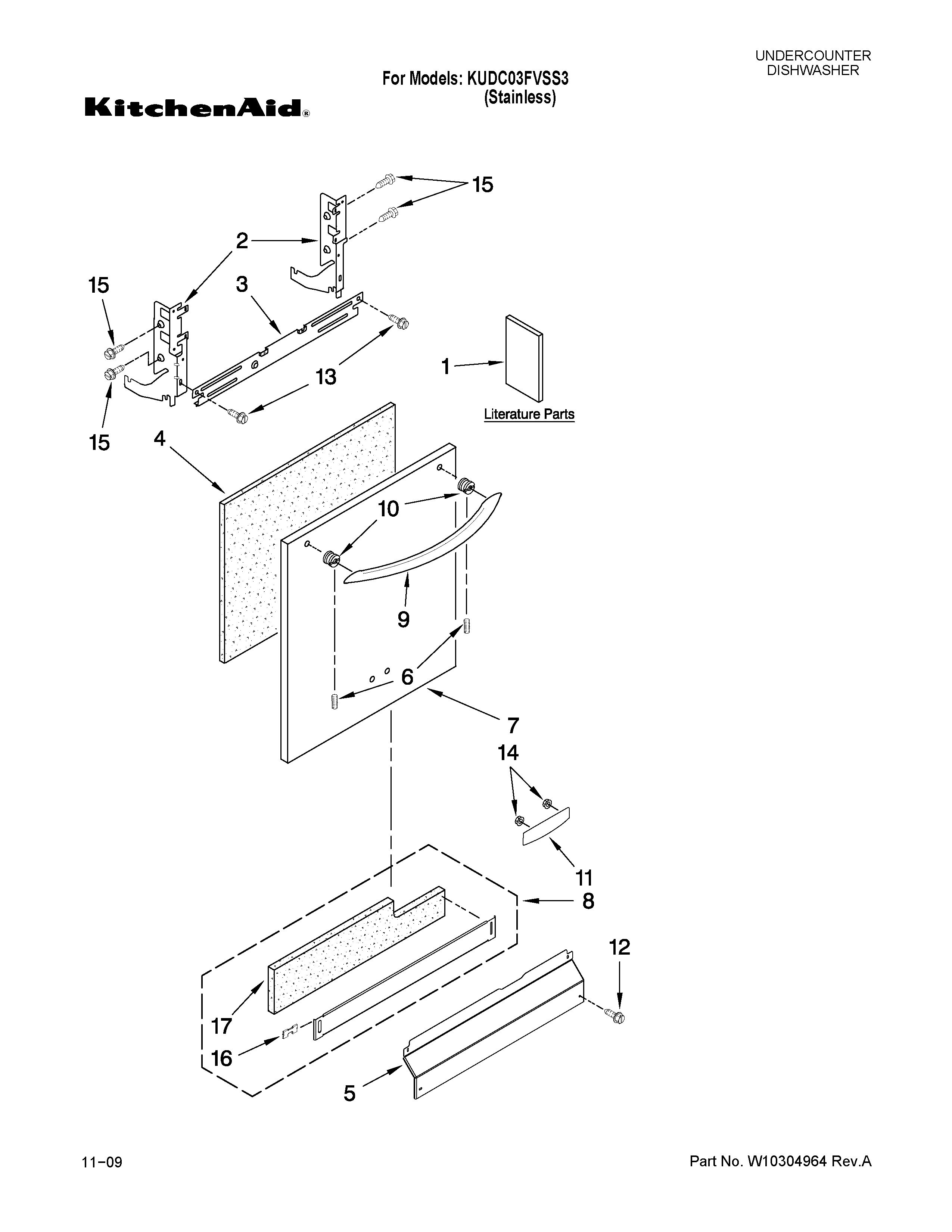 KitchenAid KUDC03FVSS3 door and panel parts diagram