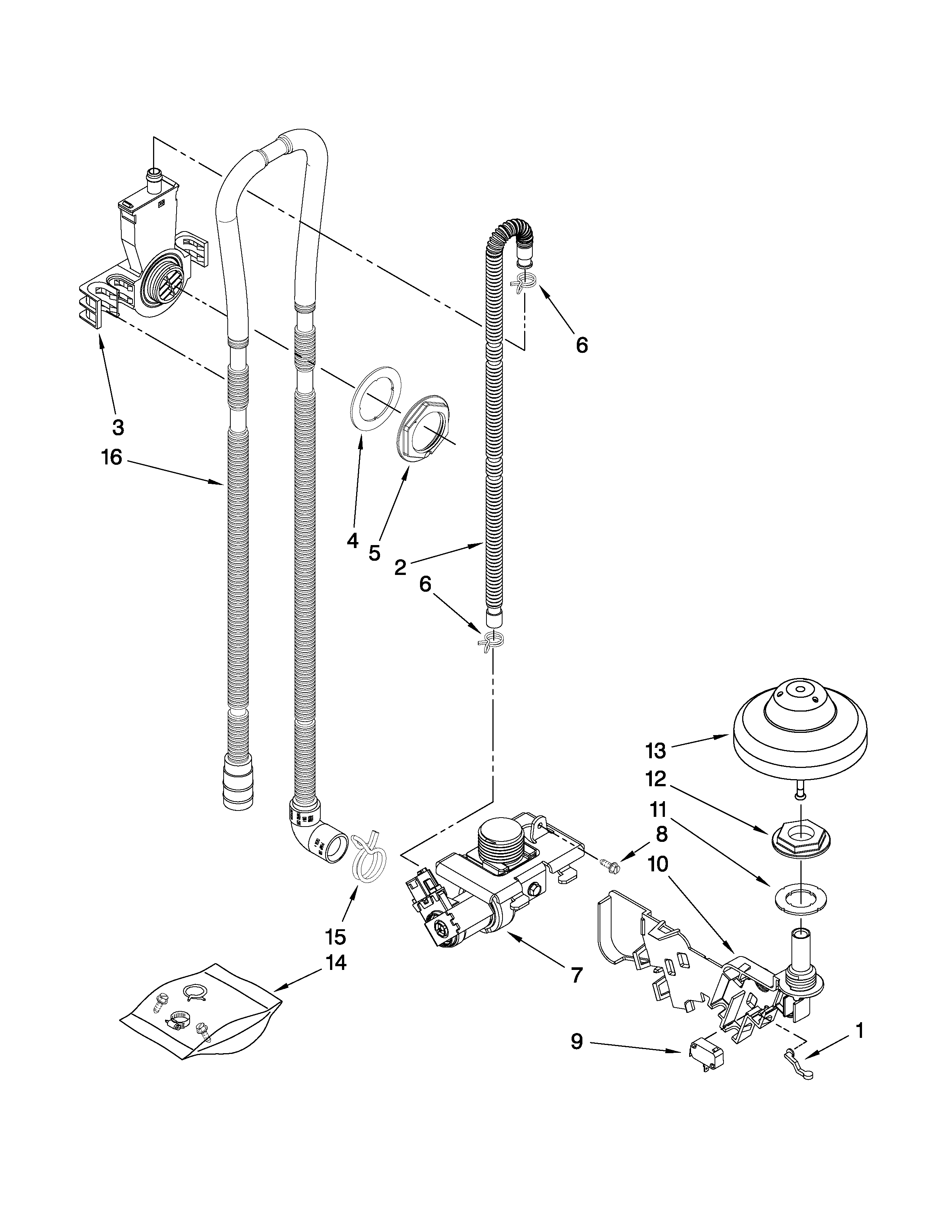 KitchenAid KUDC03FVSS3 fill, drain and overfill parts diagram