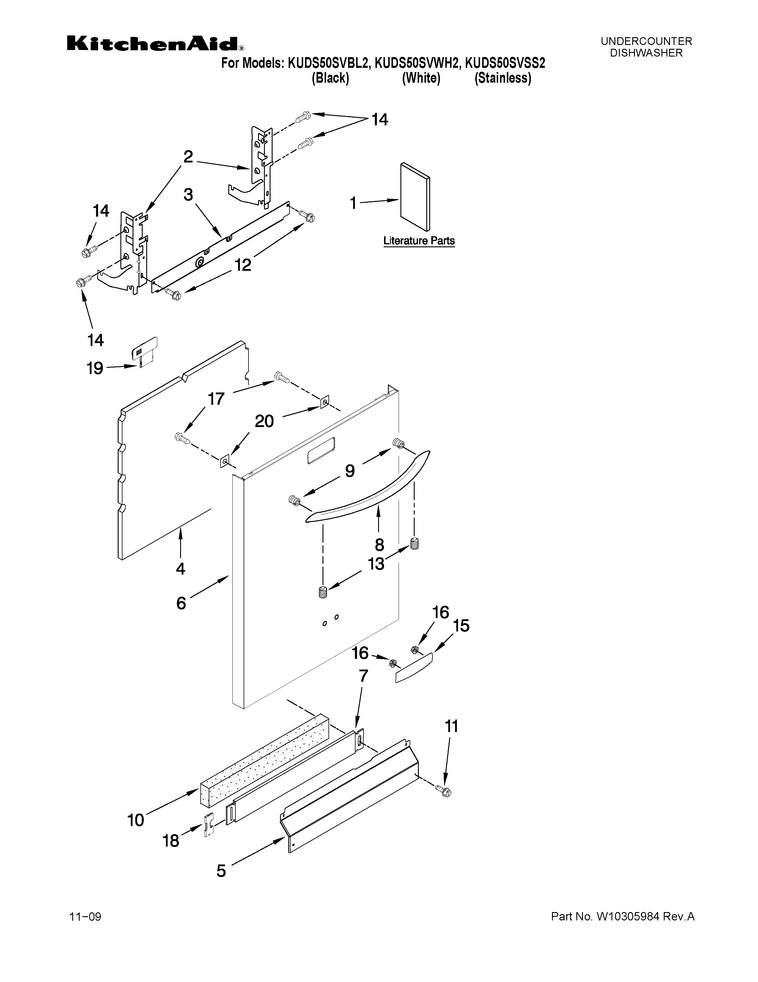 KitchenAid KUDS50SVSS2 door and panel parts diagram