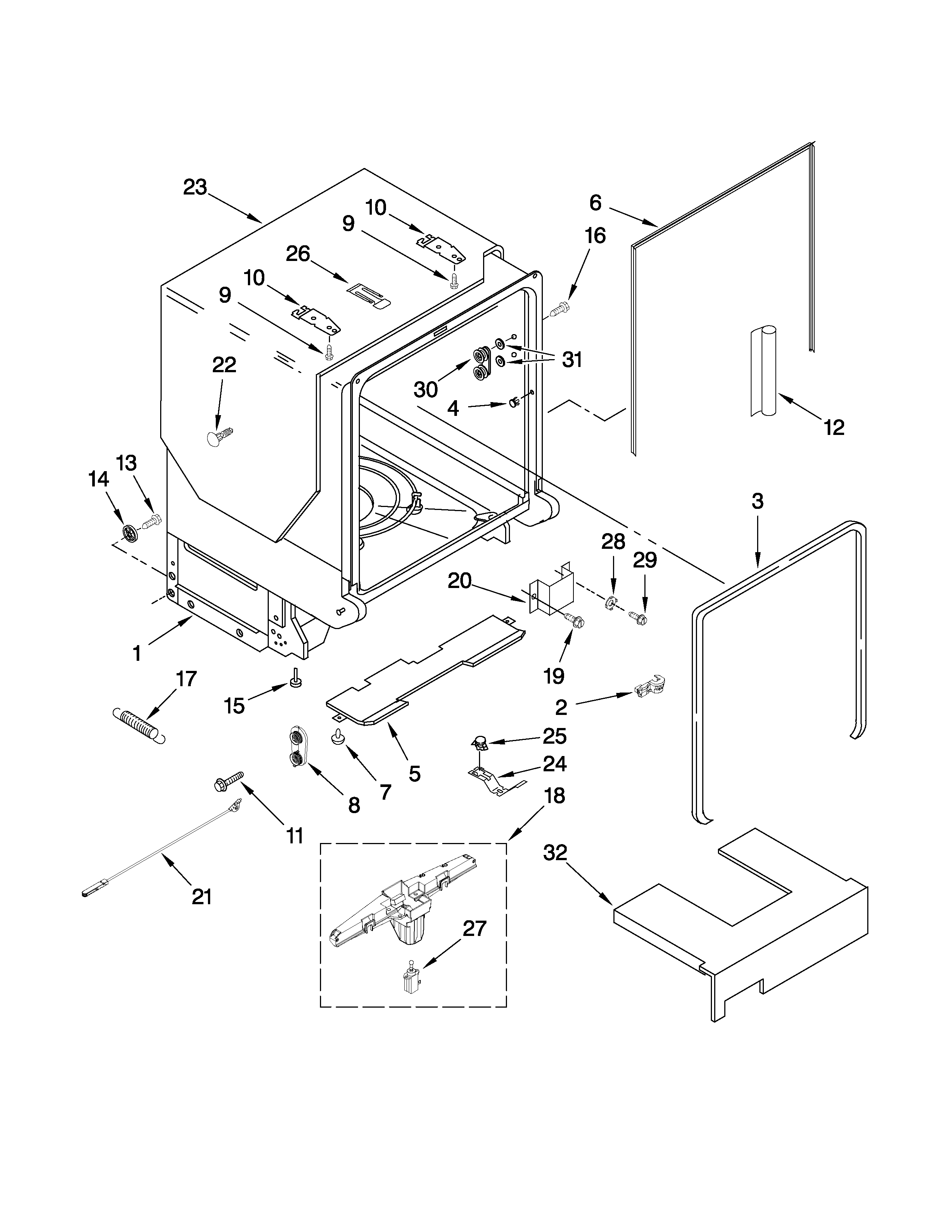 KitchenAid KUDS50SVSS2 tub and frame parts diagram