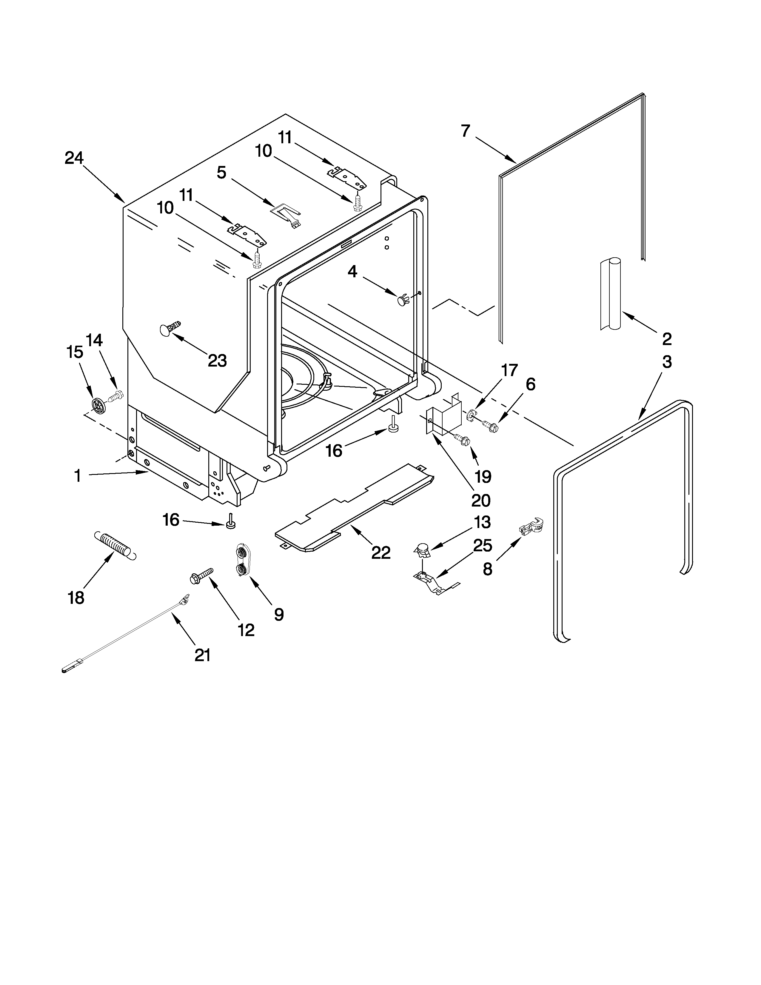 KitchenAid KUDE60FVPA2 tub and frame parts diagram