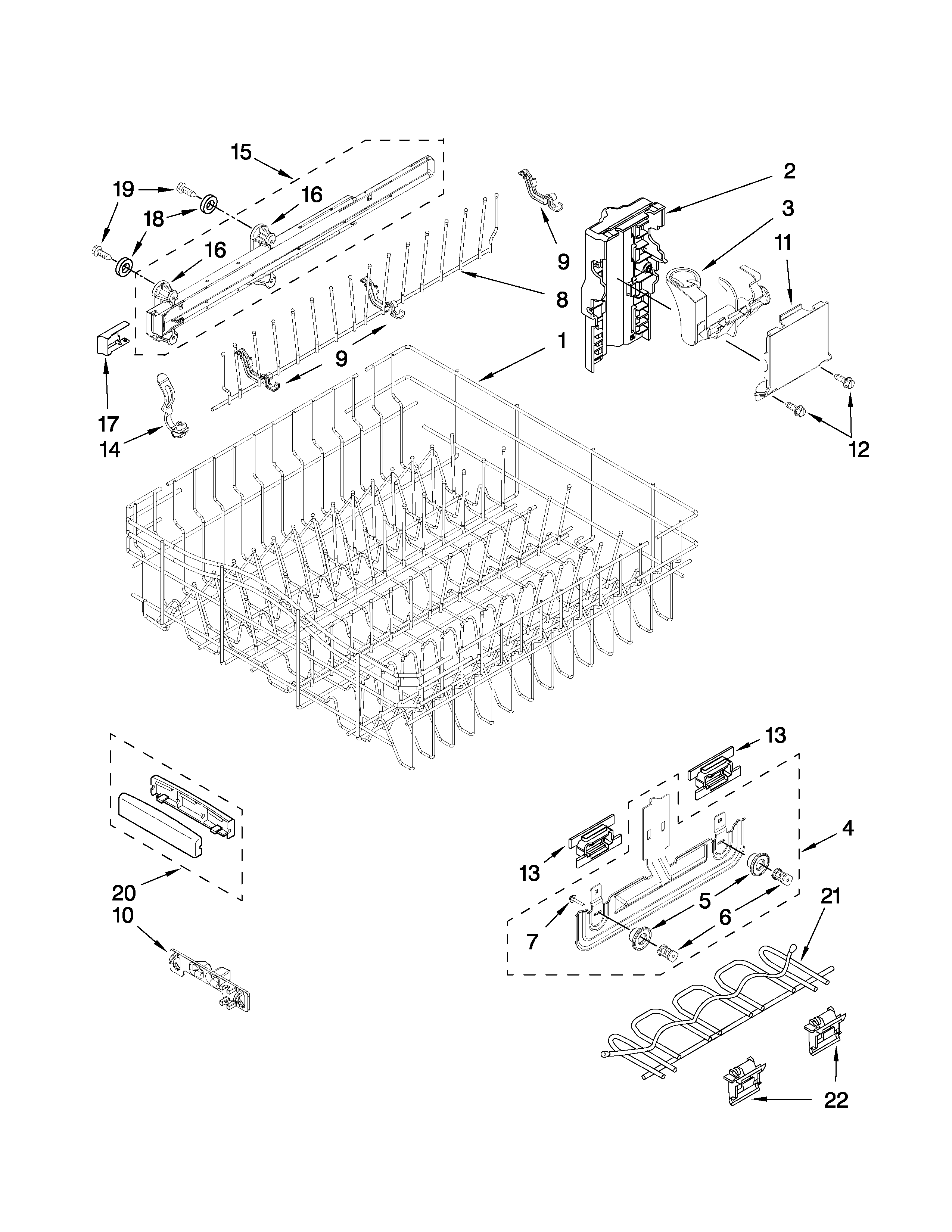 KitchenAid KUDE60FVPA2 upper rack and track parts diagram