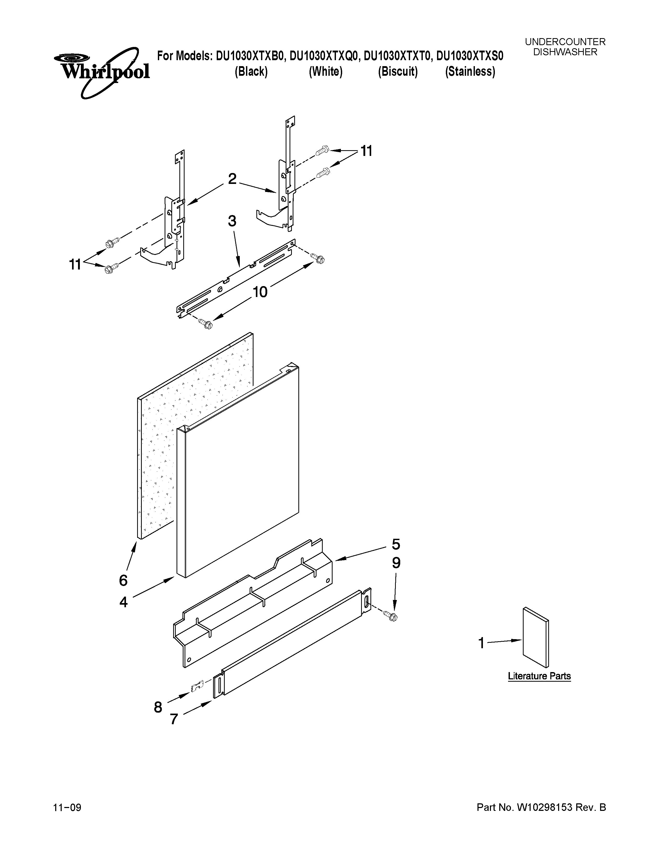 Whirlpool DU1030XTXS0 door and panel parts diagram
