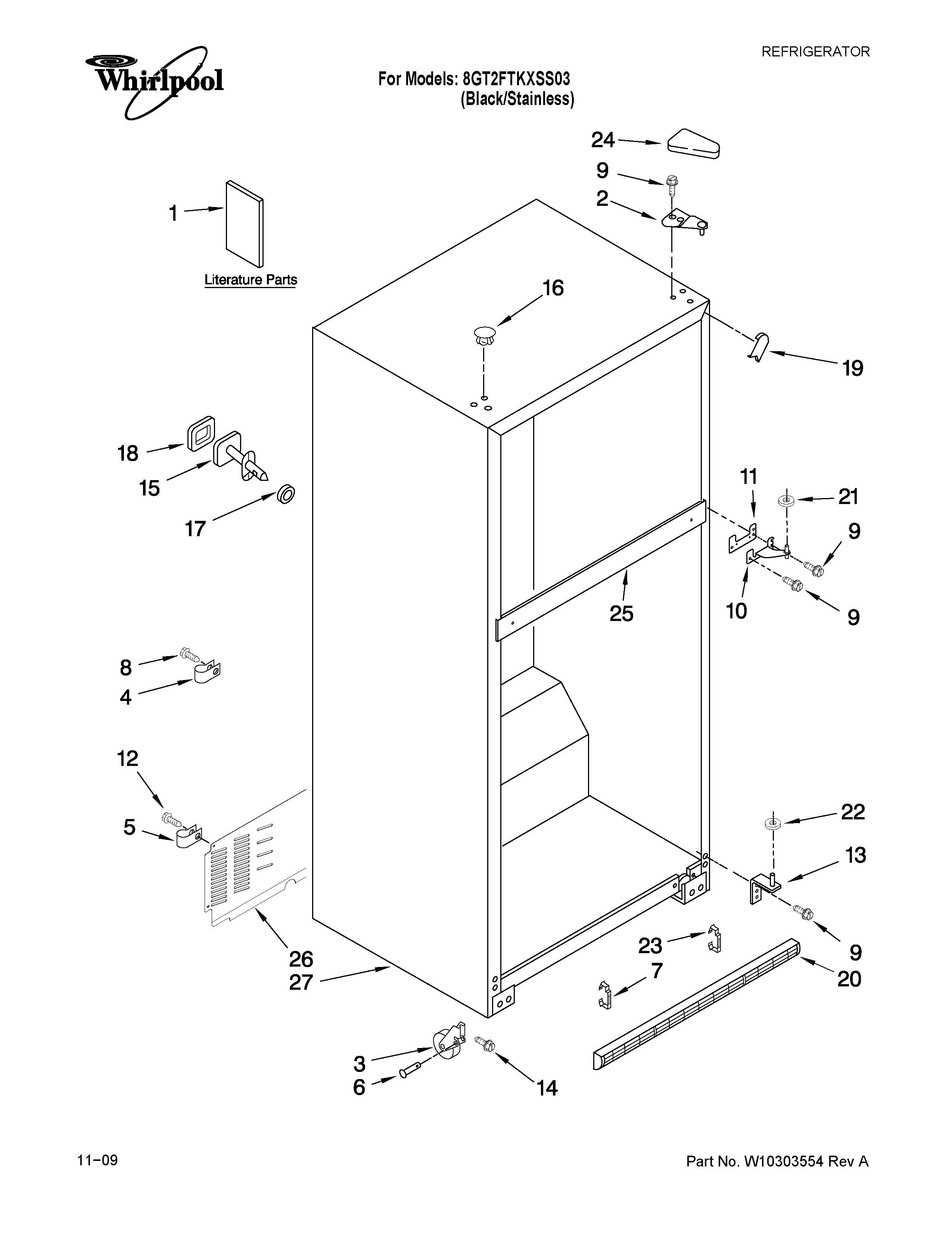 Whirlpool 8GT2FTKXSS03 cabinet parts diagram
