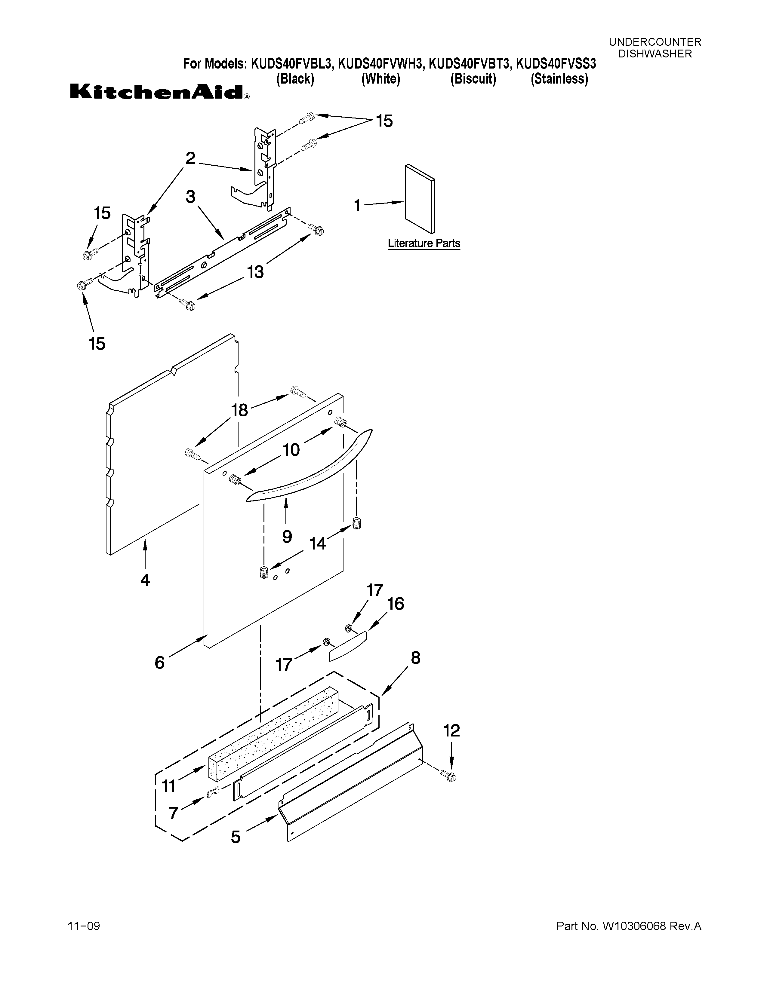 KitchenAid KUDS40FVBL3 door and panel parts diagram
