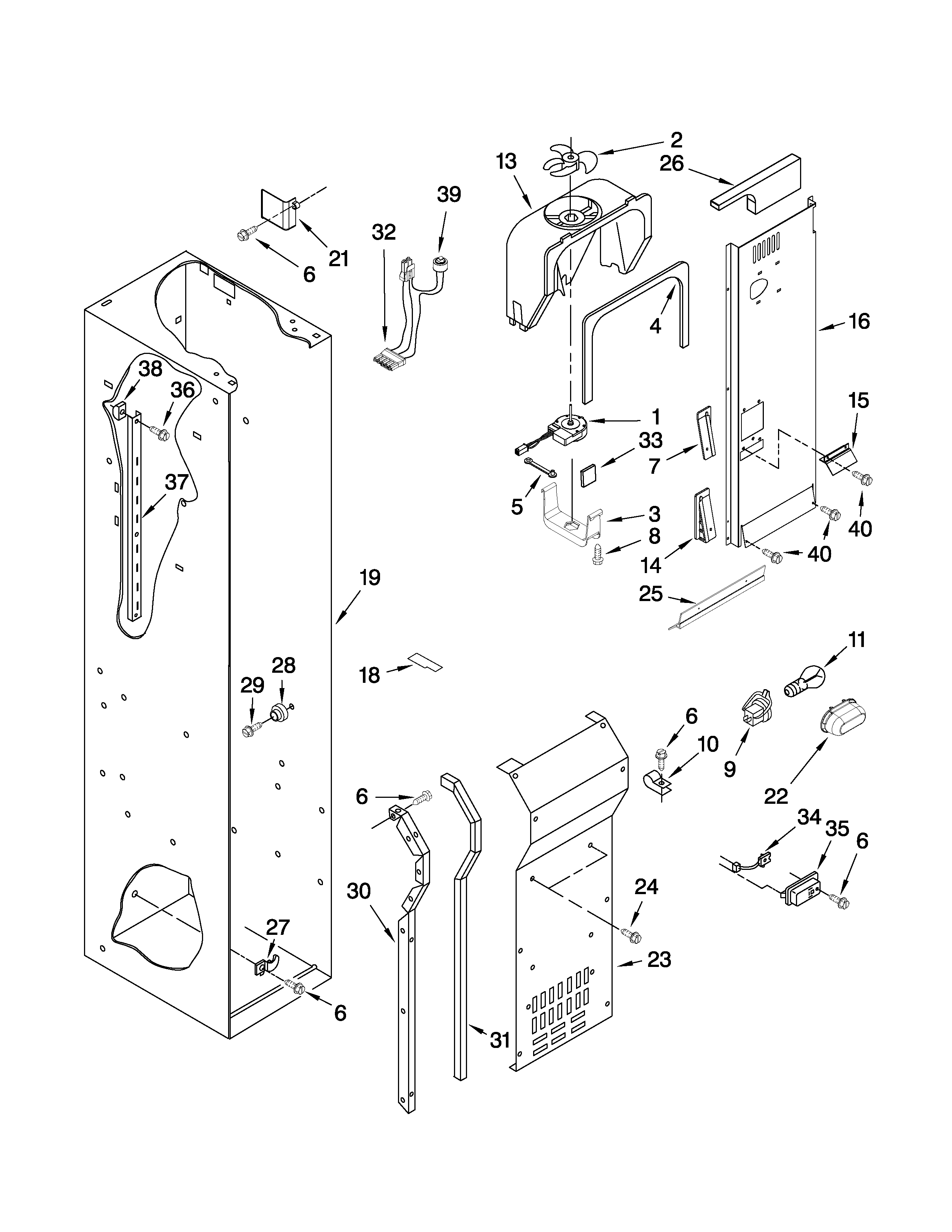 KitchenAid KSSS36FTX03 freezer liner and air flow parts diagram