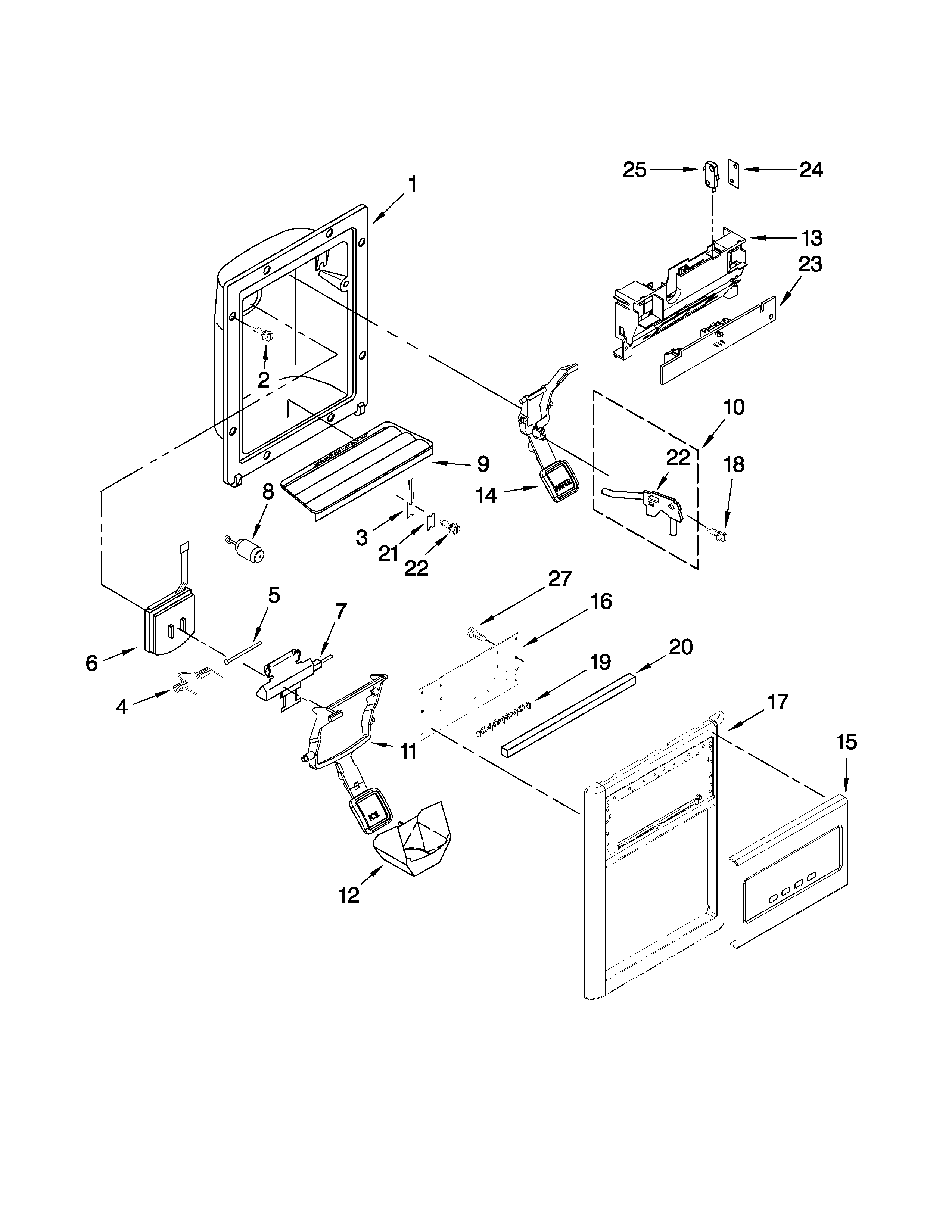 KitchenAid KSRT25FWMK01 dispenser front parts diagram