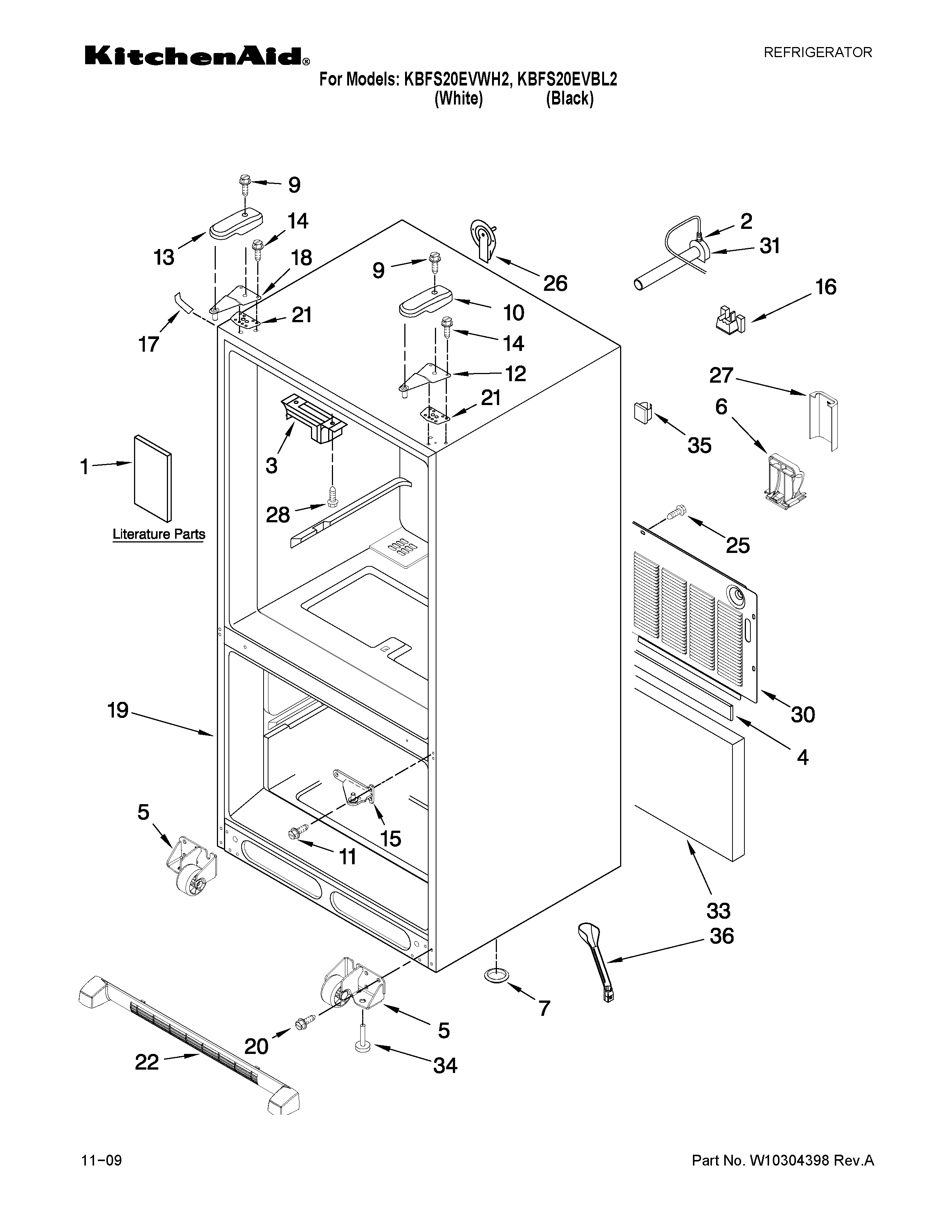 KitchenAid KBFS20EVWH2 cabinet parts diagram
