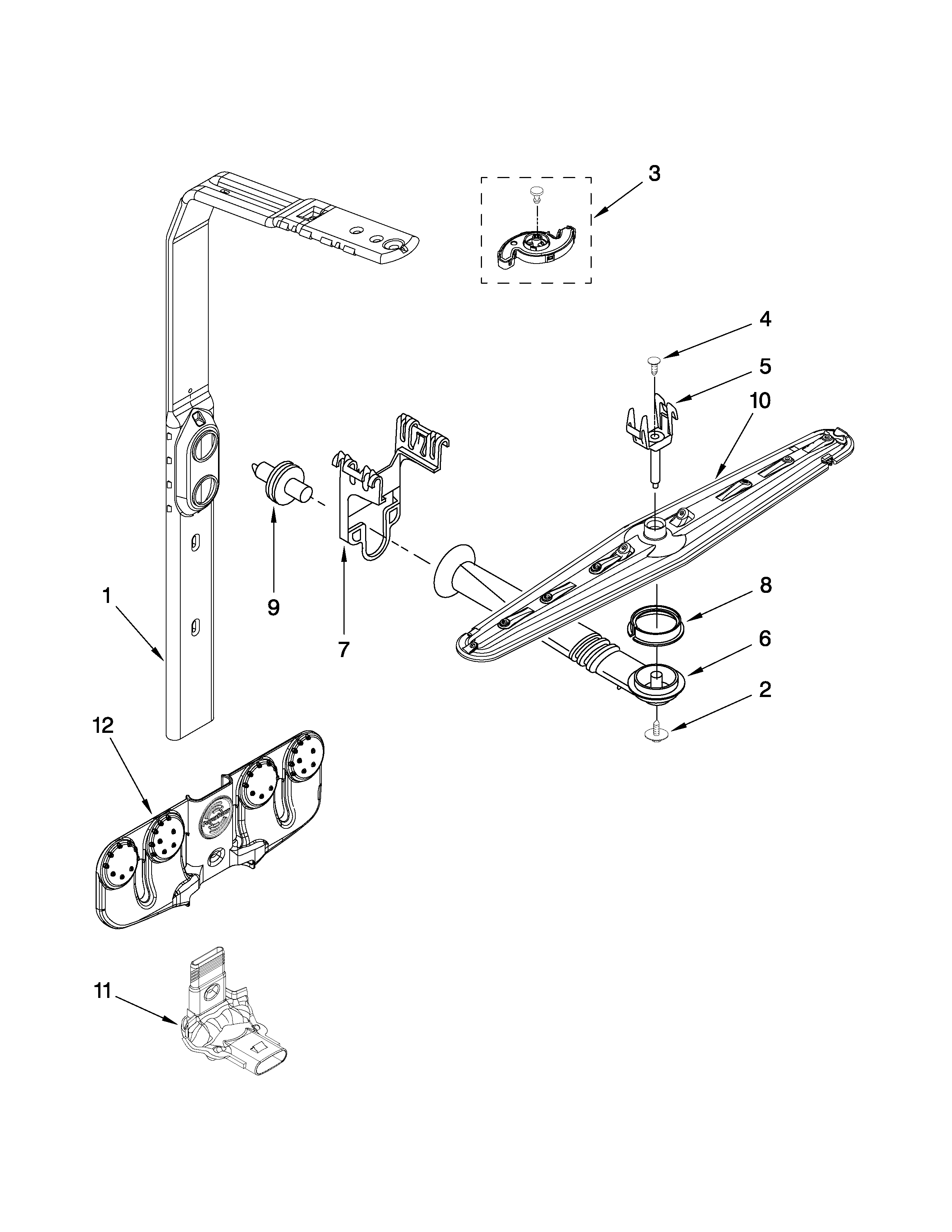 Whirlpool 7GU2300XTVS1 upper wash and rinse parts diagram