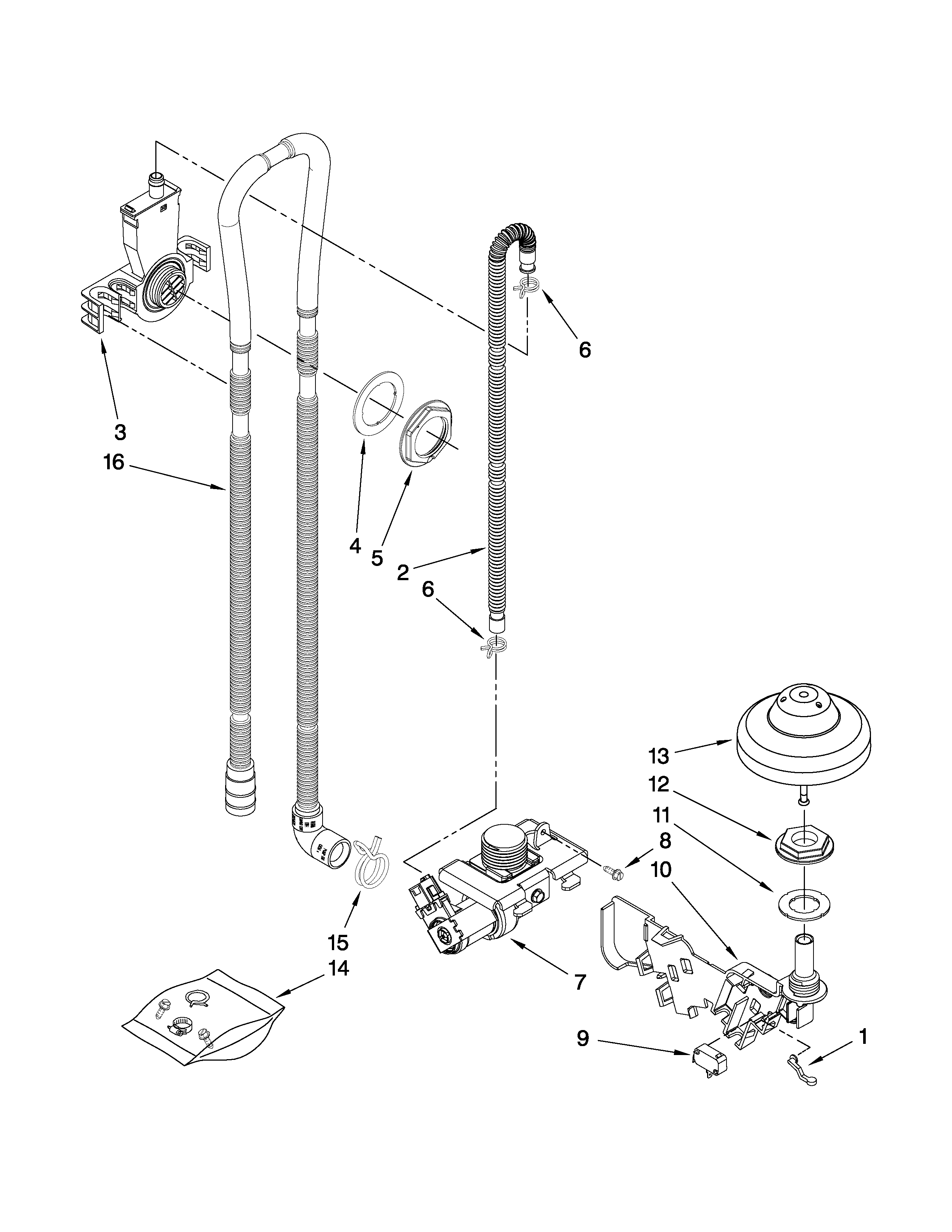 KitchenAid KUDS50SVWH3 fill, drain and overfill parts diagram