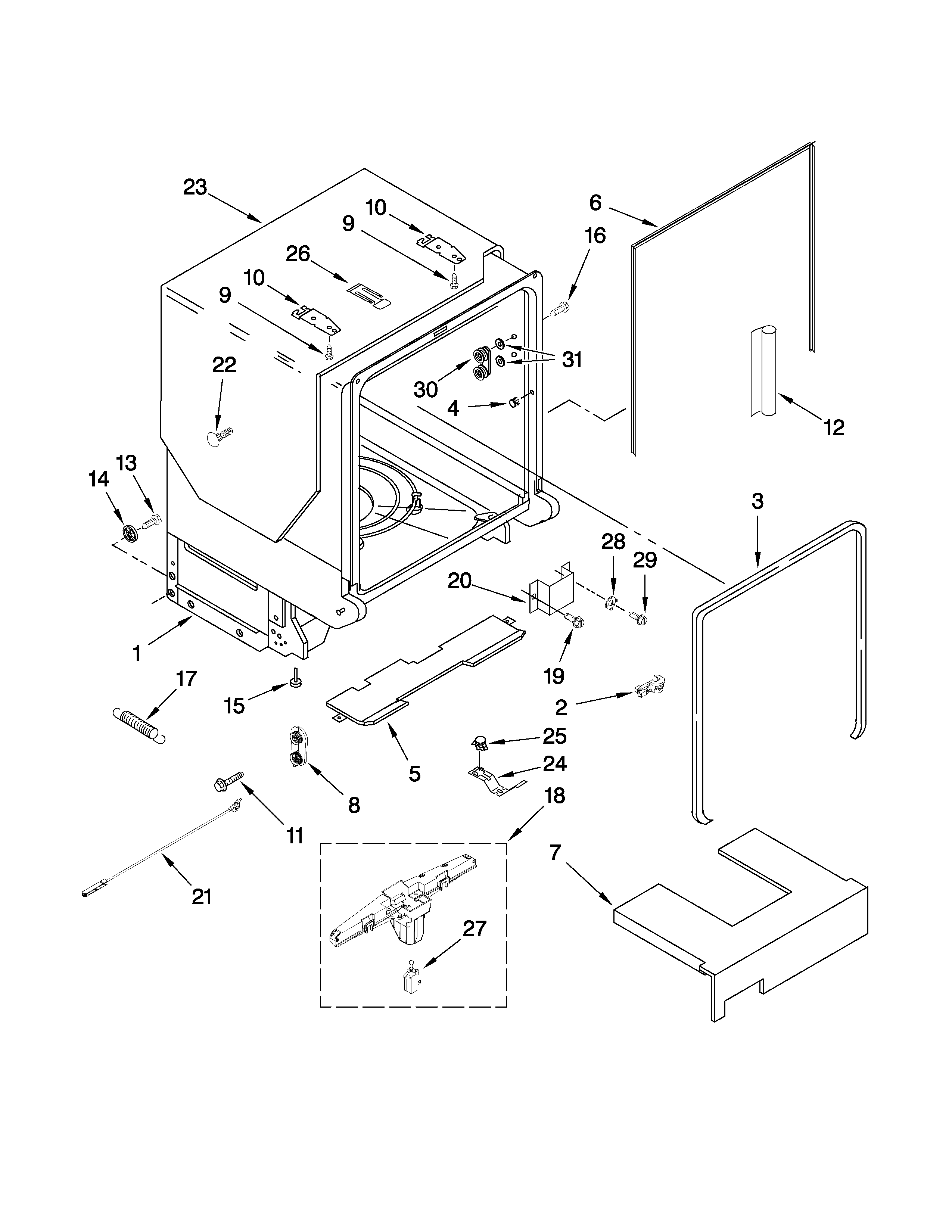 KitchenAid KUDS50SVWH3 tub and frame parts diagram