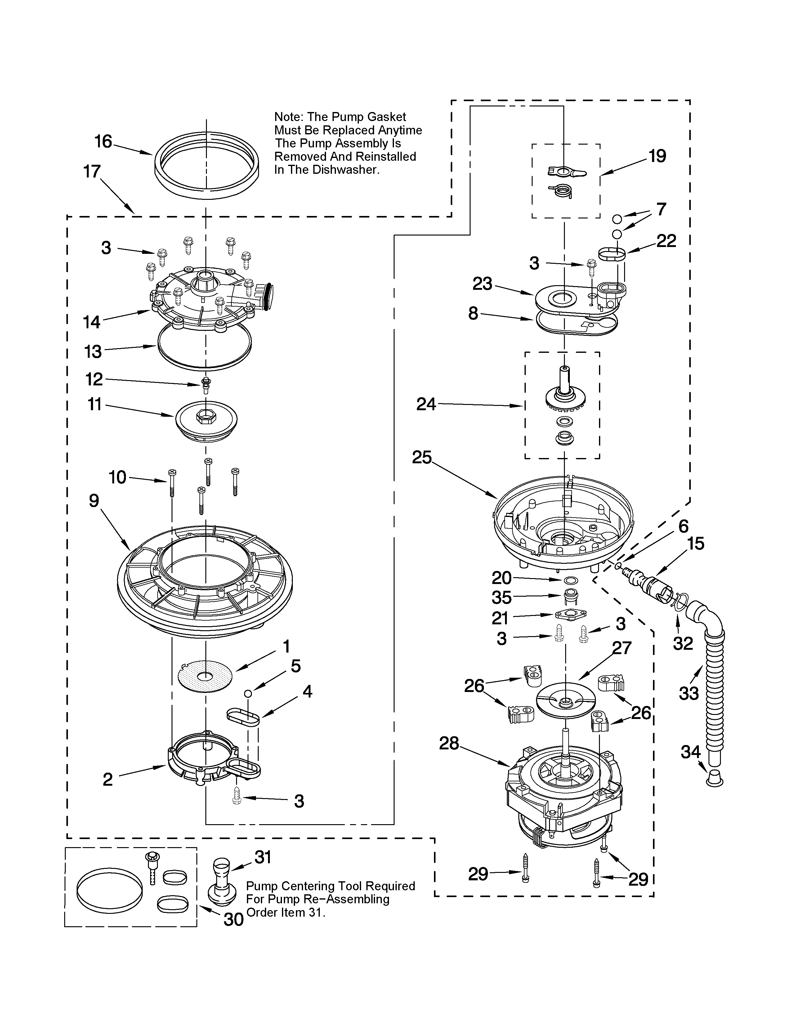 Whirlpool DU945PWSB1 pump and motor parts diagram