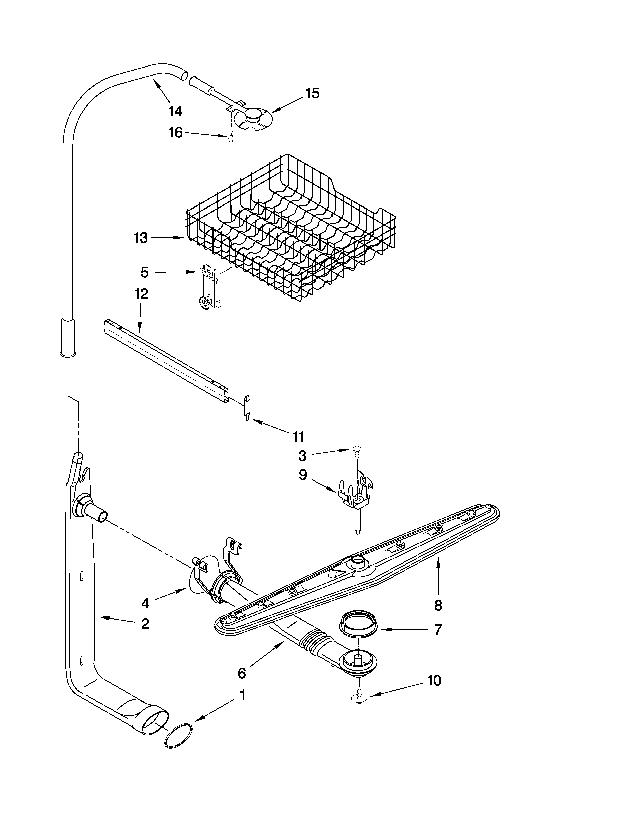 Whirlpool DU945PWSB1 upper dishrack and water feed parts diagram