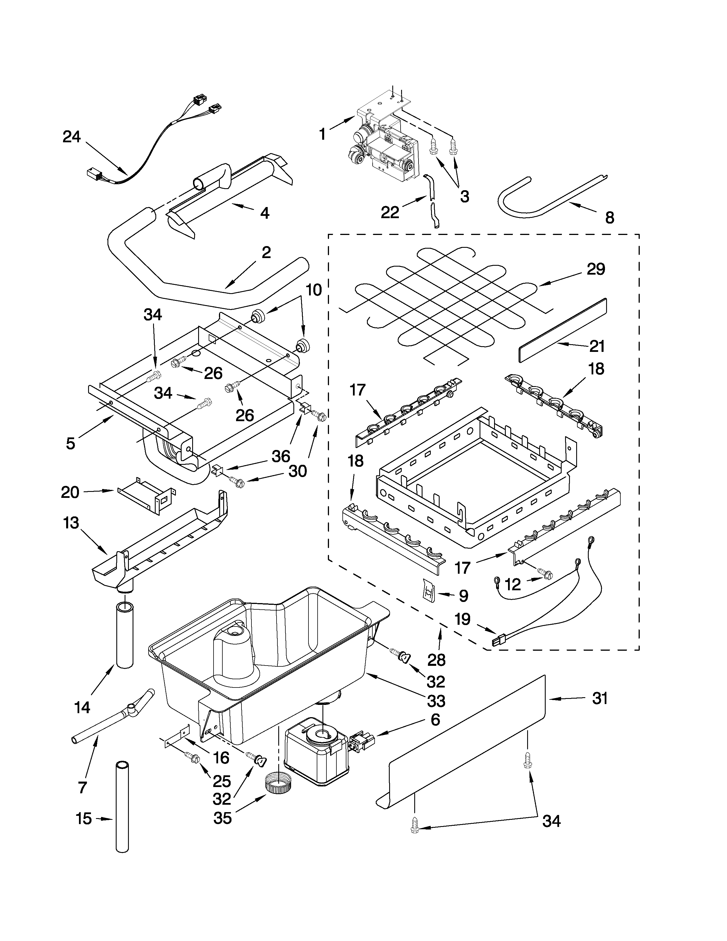 KitchenAid KUIS18PNTB3 evaporator, ice cutter grid and water parts diagram
