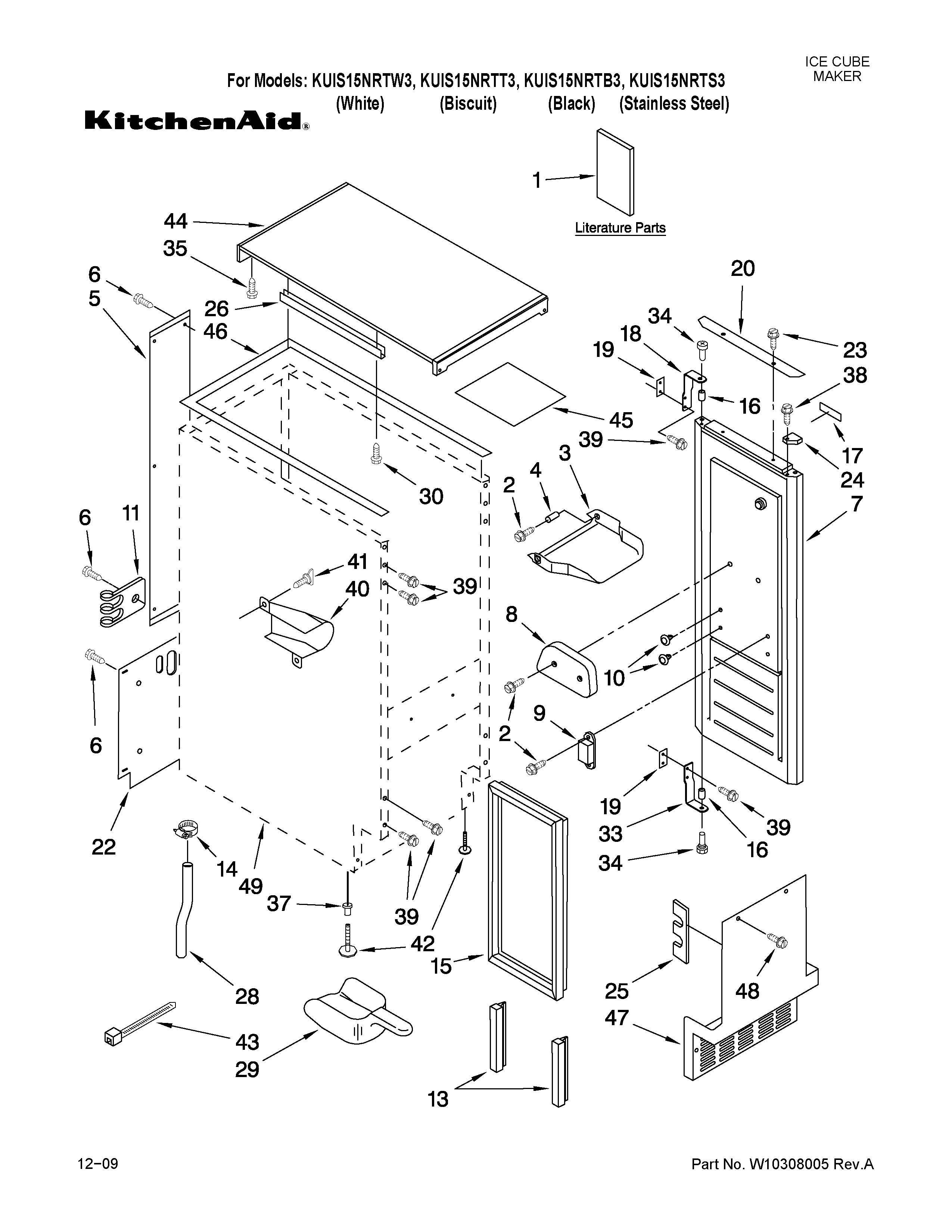 KitchenAid KUIS15NRTW3 cabinet liner and door parts diagram