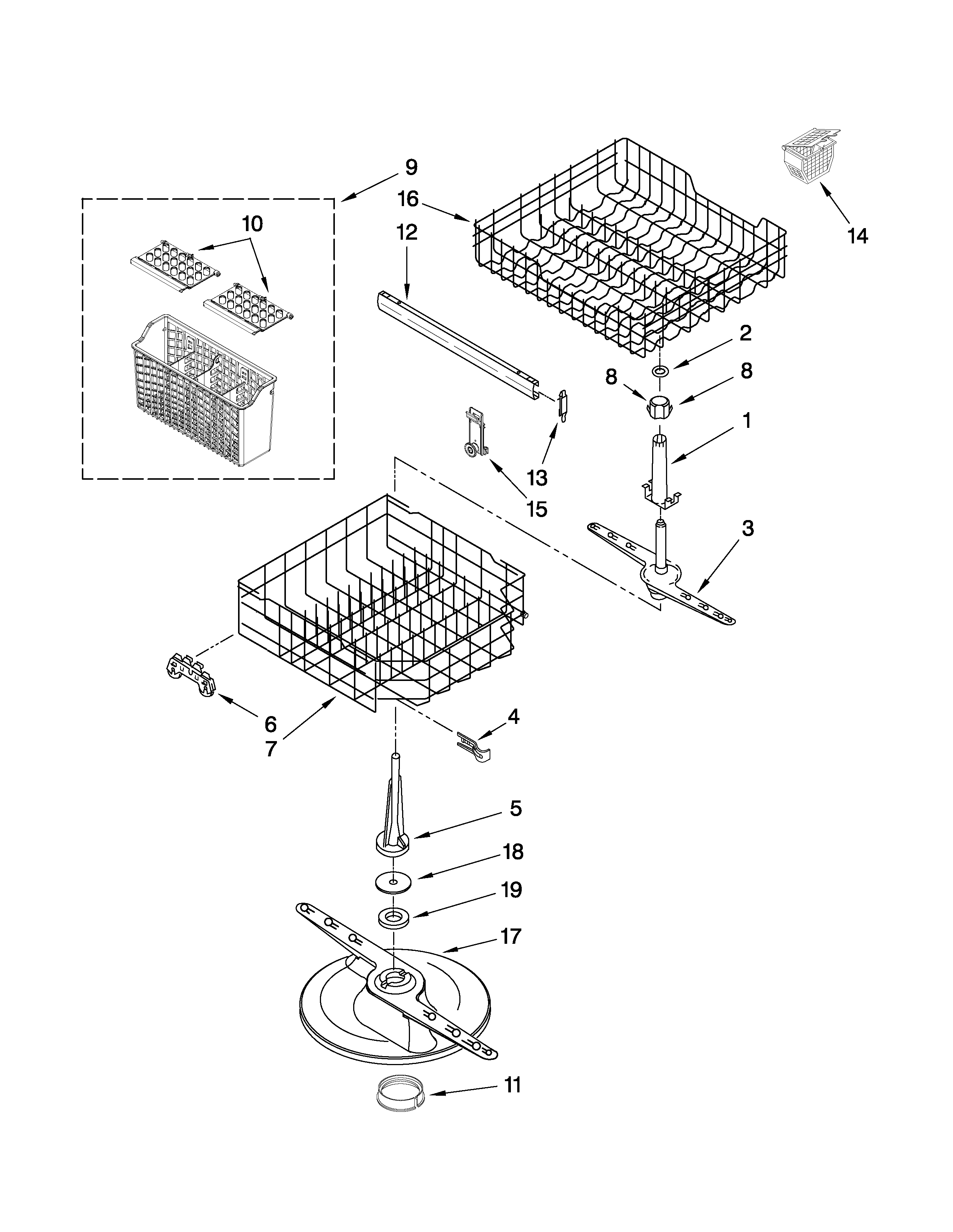 Maytag MDB4629AWB1 upper dishrack and water feed parts diagram