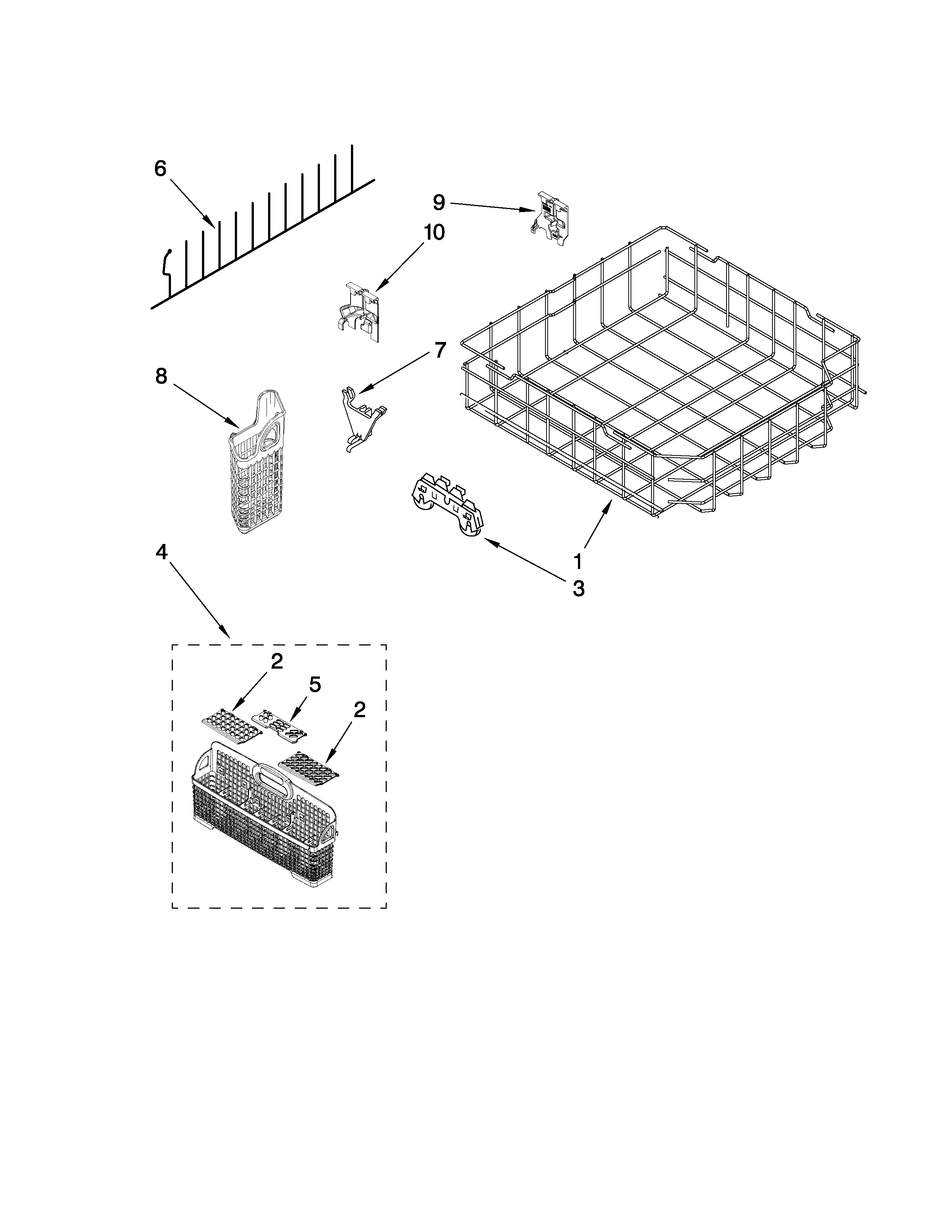 KitchenAid KUDE40CVBL0 lower rack parts diagram