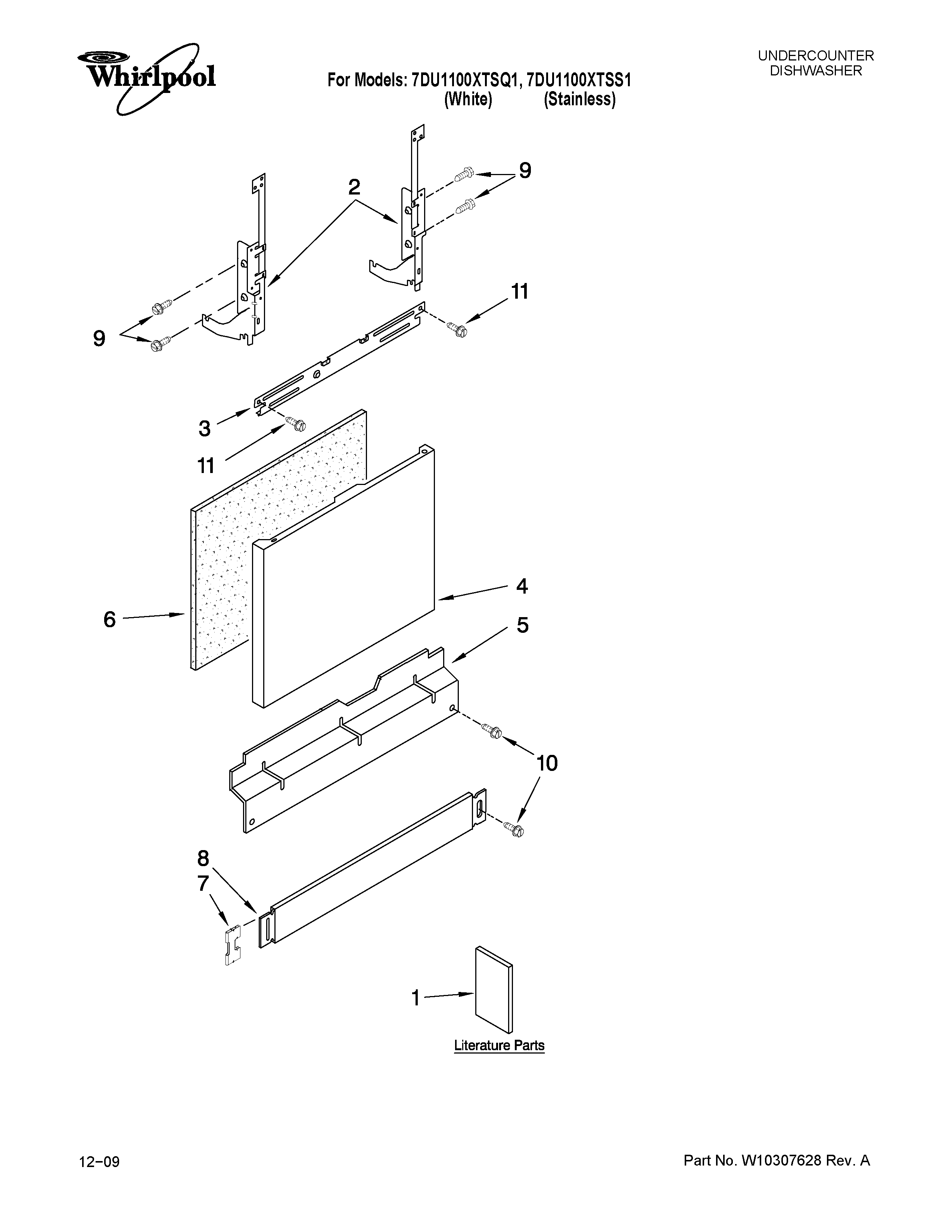 Whirlpool 7DU1100XTSQ1 door and panel parts diagram
