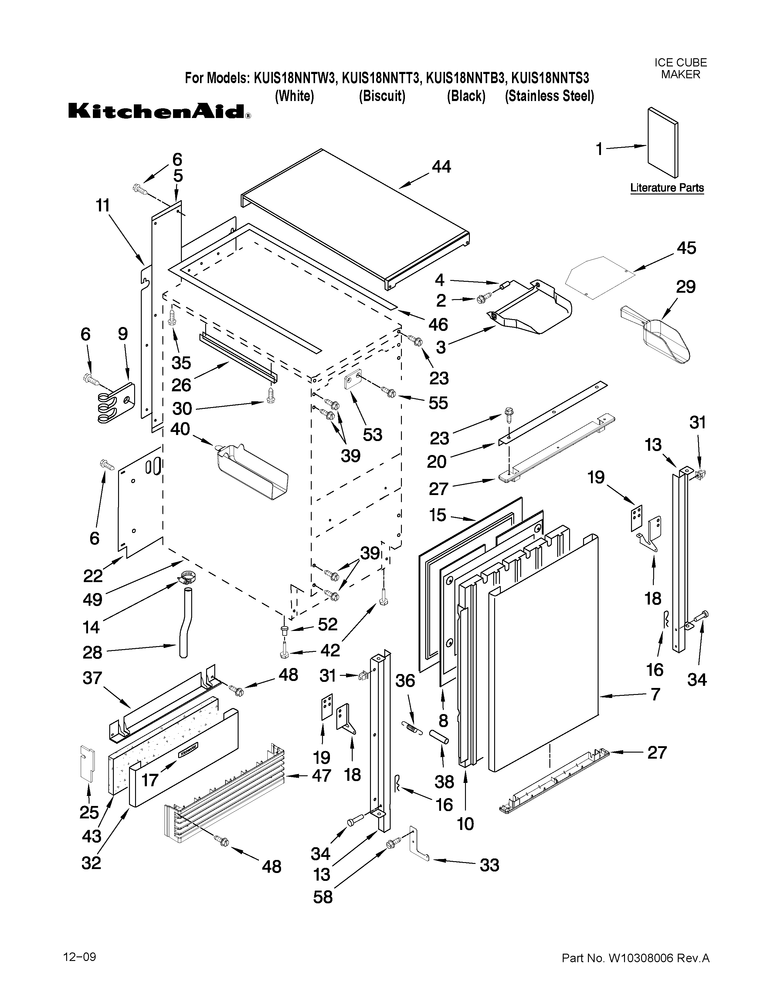KitchenAid KUIS18NNTW3 cabinet liner and door parts diagram