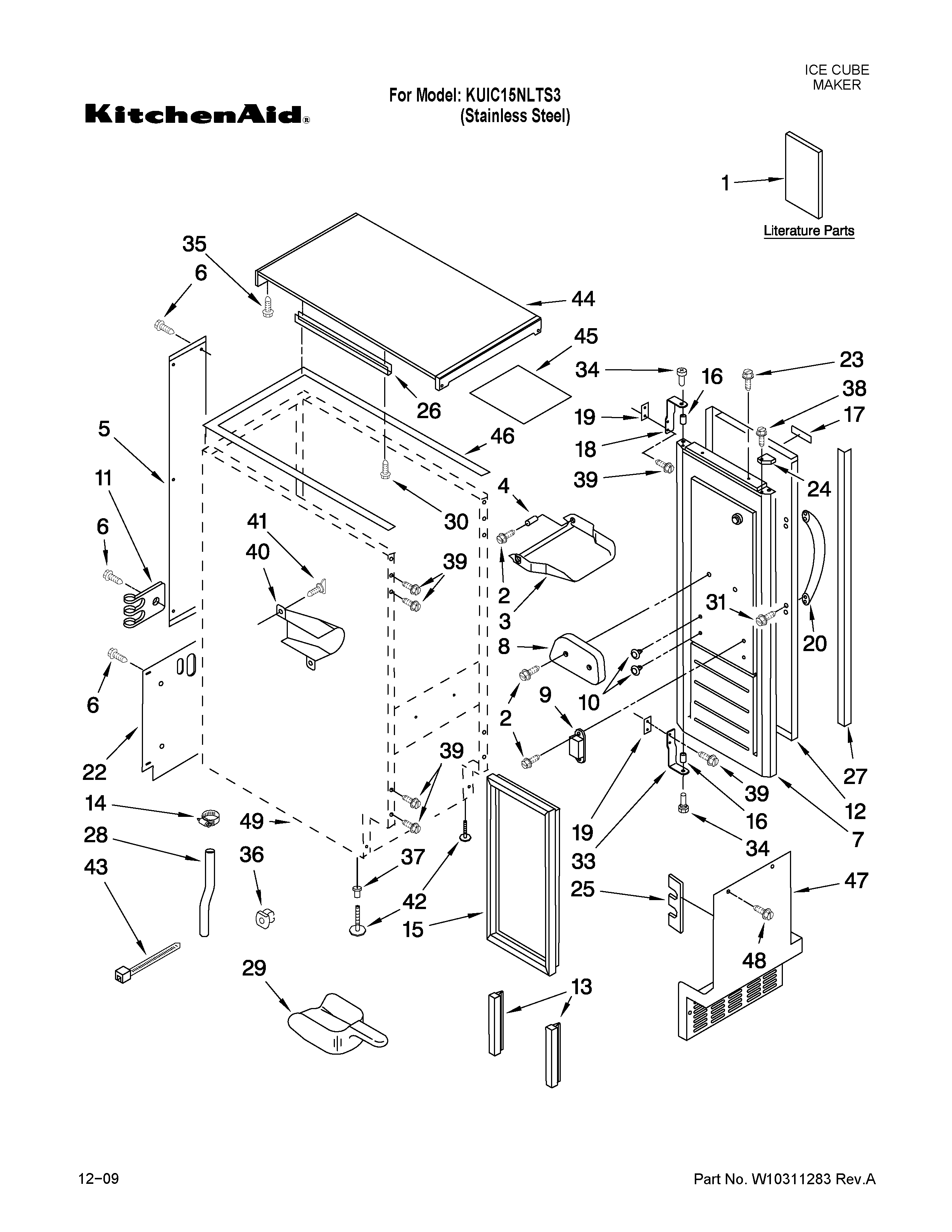 KitchenAid KUIC15NLTS3 cabinet liner and door parts diagram