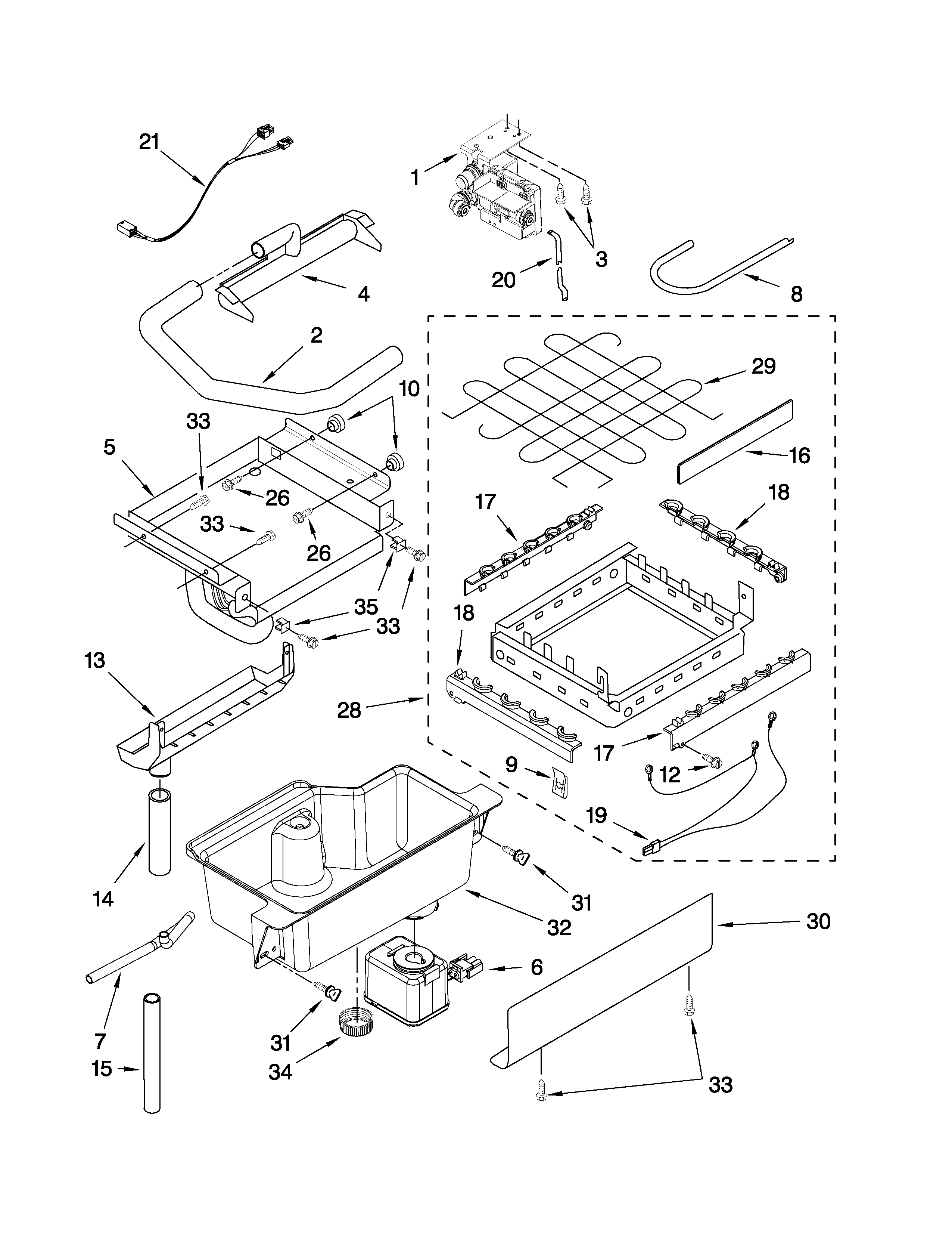 Whirlpool GI15NFRTS3 evaporator ice cutter grid and water parts diagram