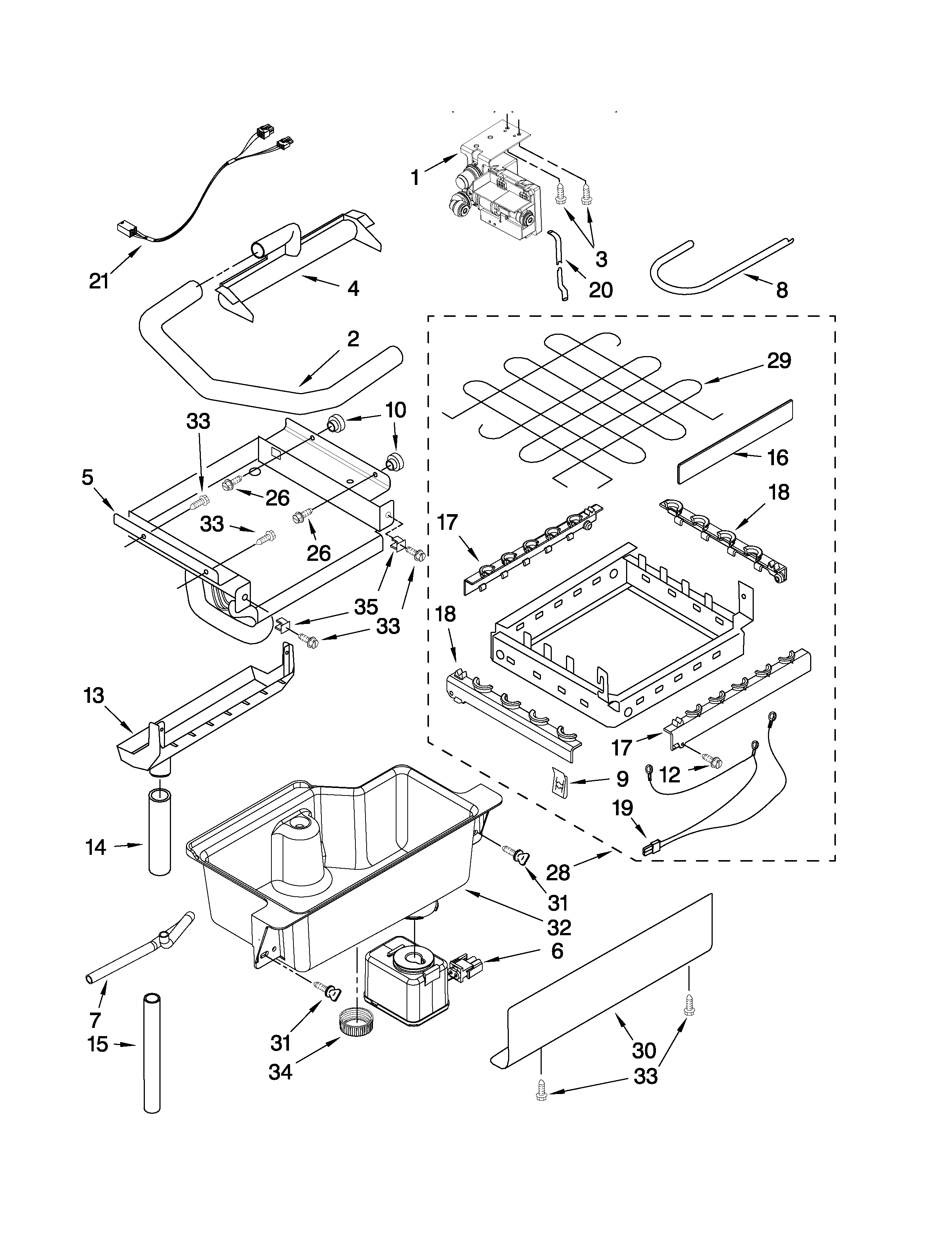 Whirlpool GI15NFLTB3 evaporator ice cutter grid and water parts diagram