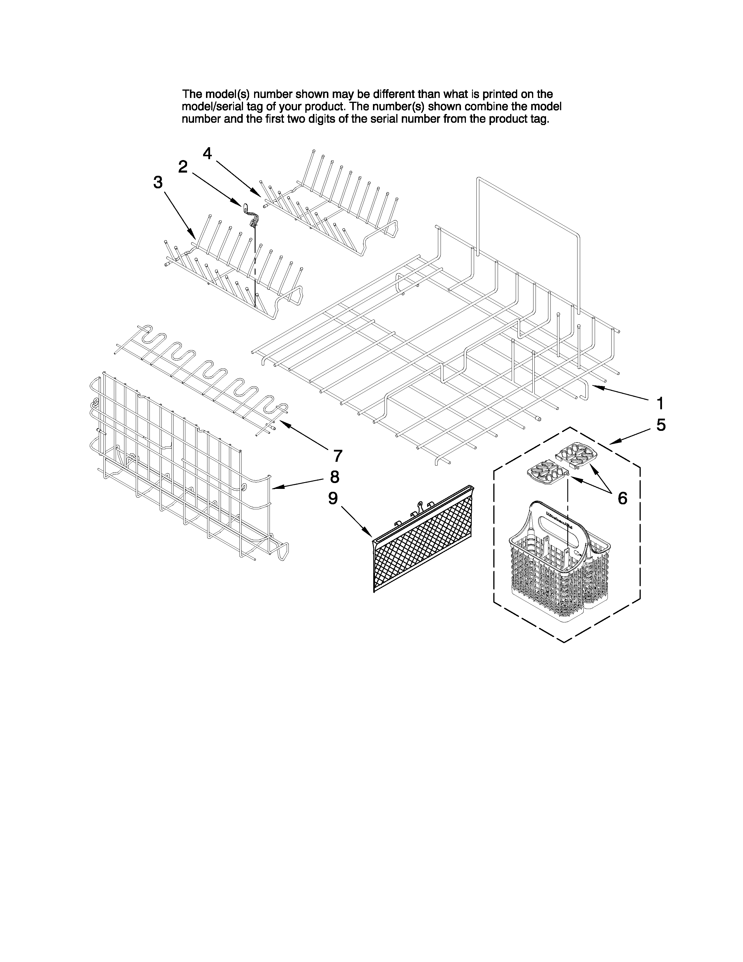 KitchenAid KUDD03STBL2 upper and lower dishrack parts diagram