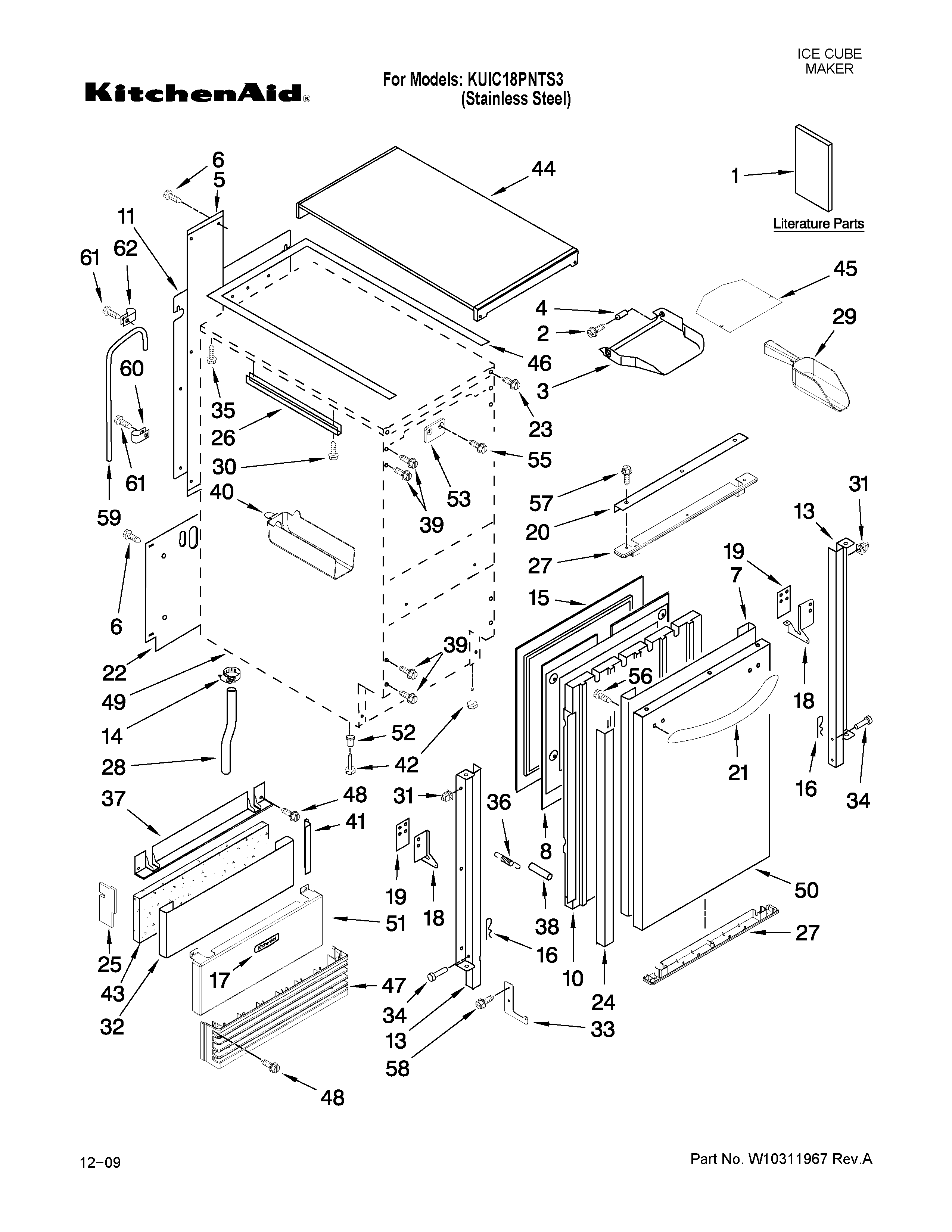 KitchenAid KUIC18PNTS3 cabinet liner and door parts diagram