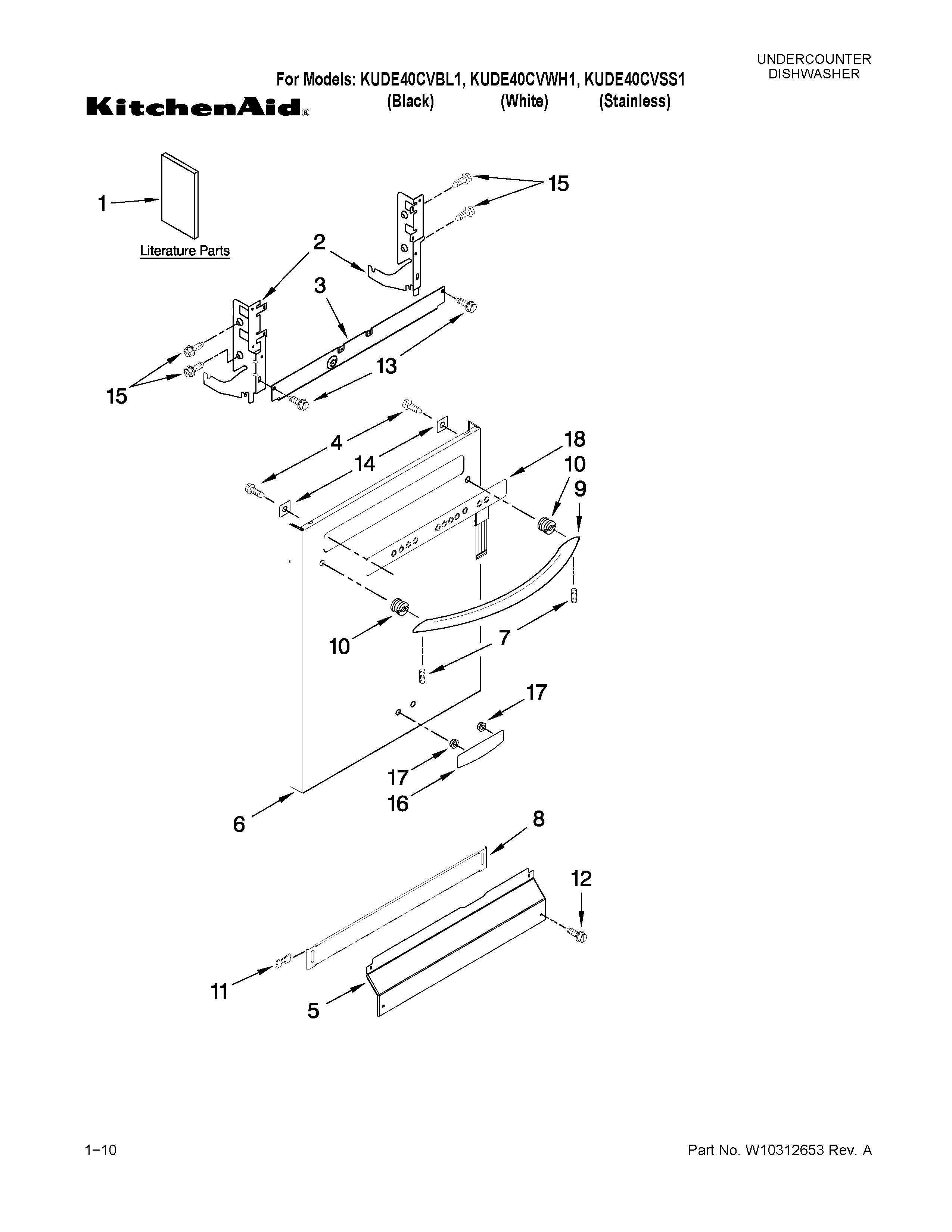 KitchenAid KUDE40CVWH1 door and panel parts diagram