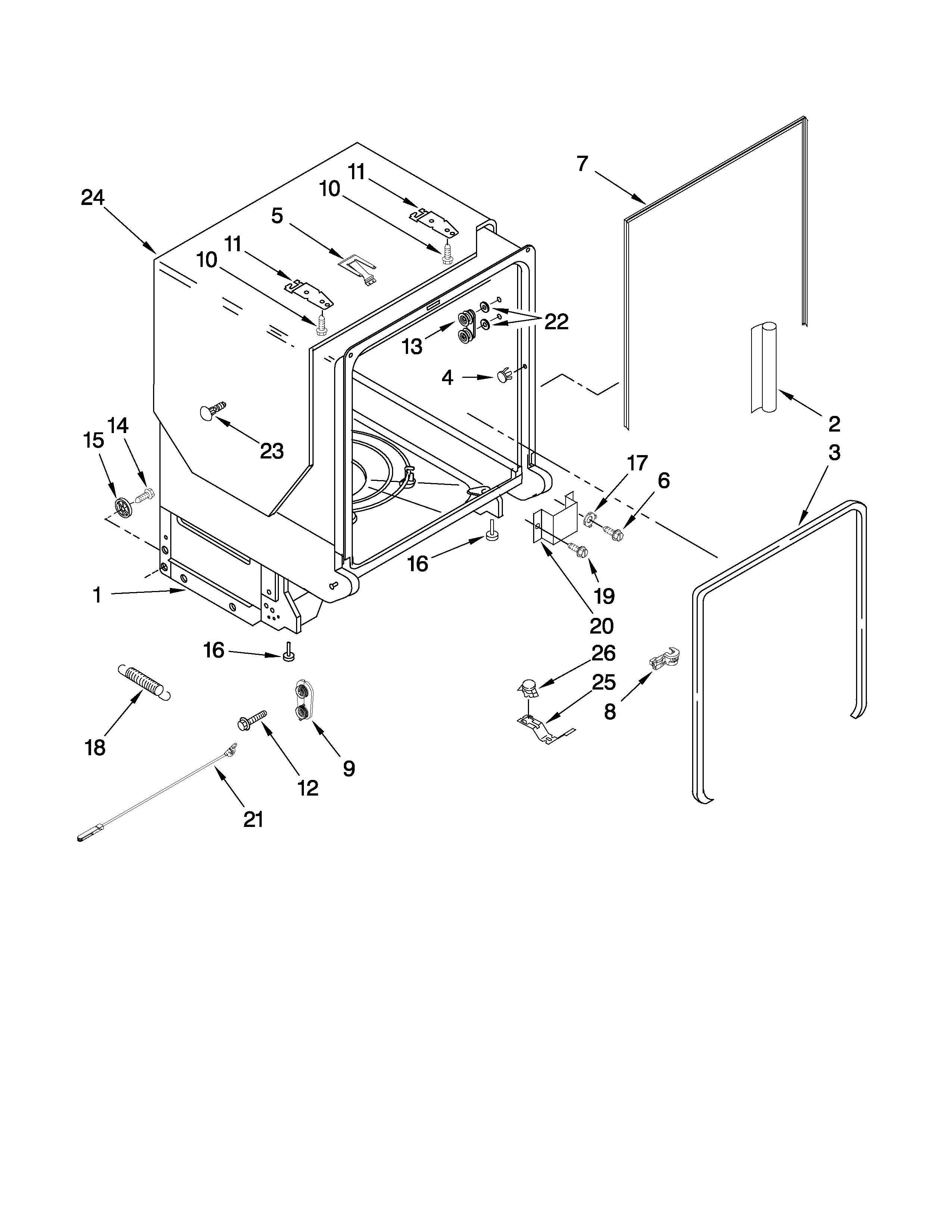 KitchenAid KUDE40CVWH1 tub and frame parts diagram