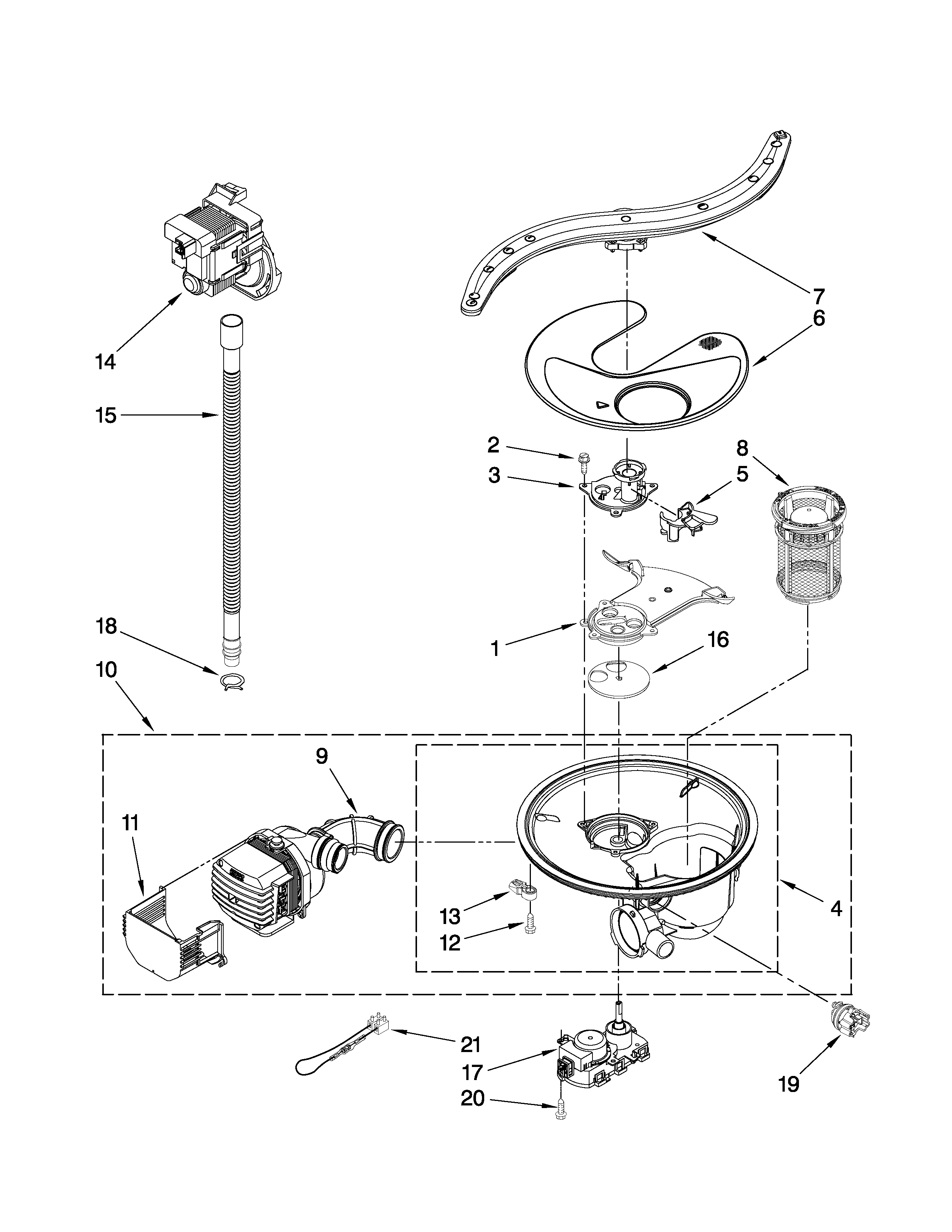 KitchenAid KUDE40CVWH1 pump, washarm and motor parts diagram