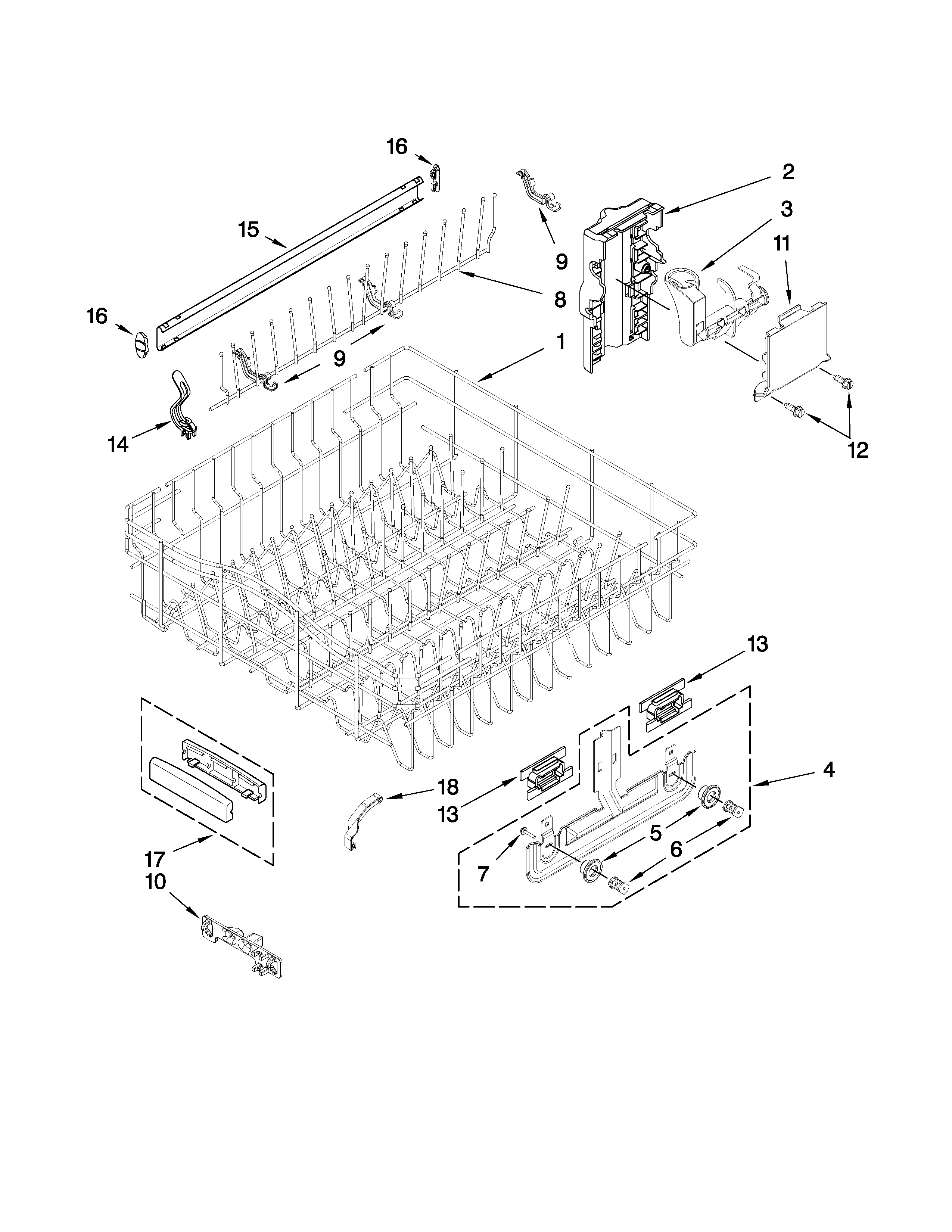 KitchenAid KUDE40CVWH1 upper rack and track parts diagram