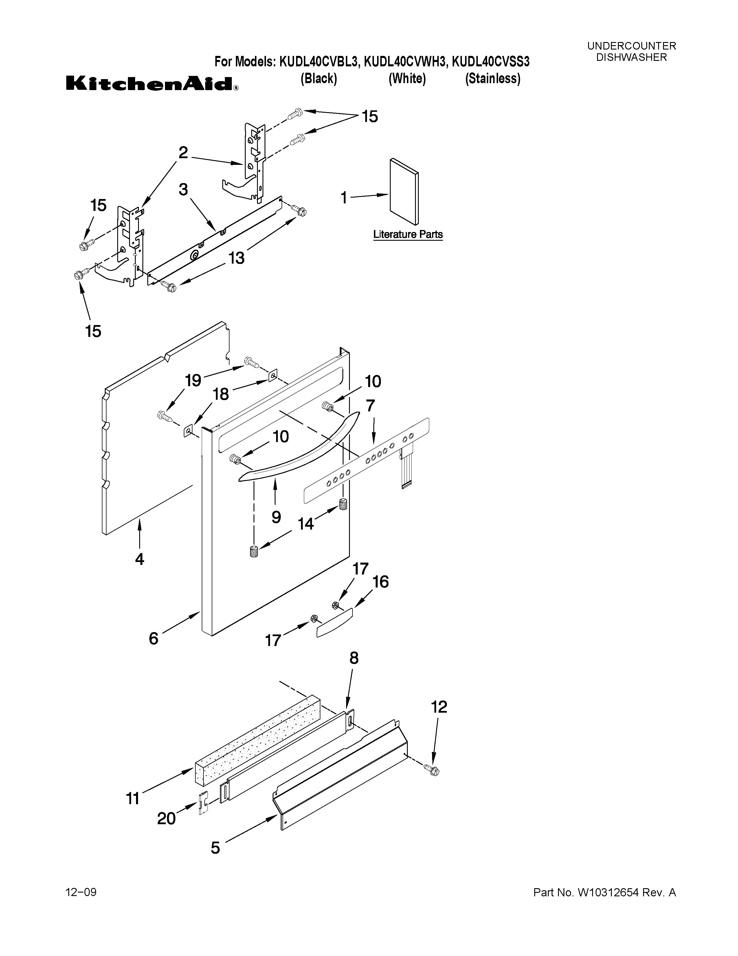 KitchenAid KUDL40CVWH3 door and panel parts diagram