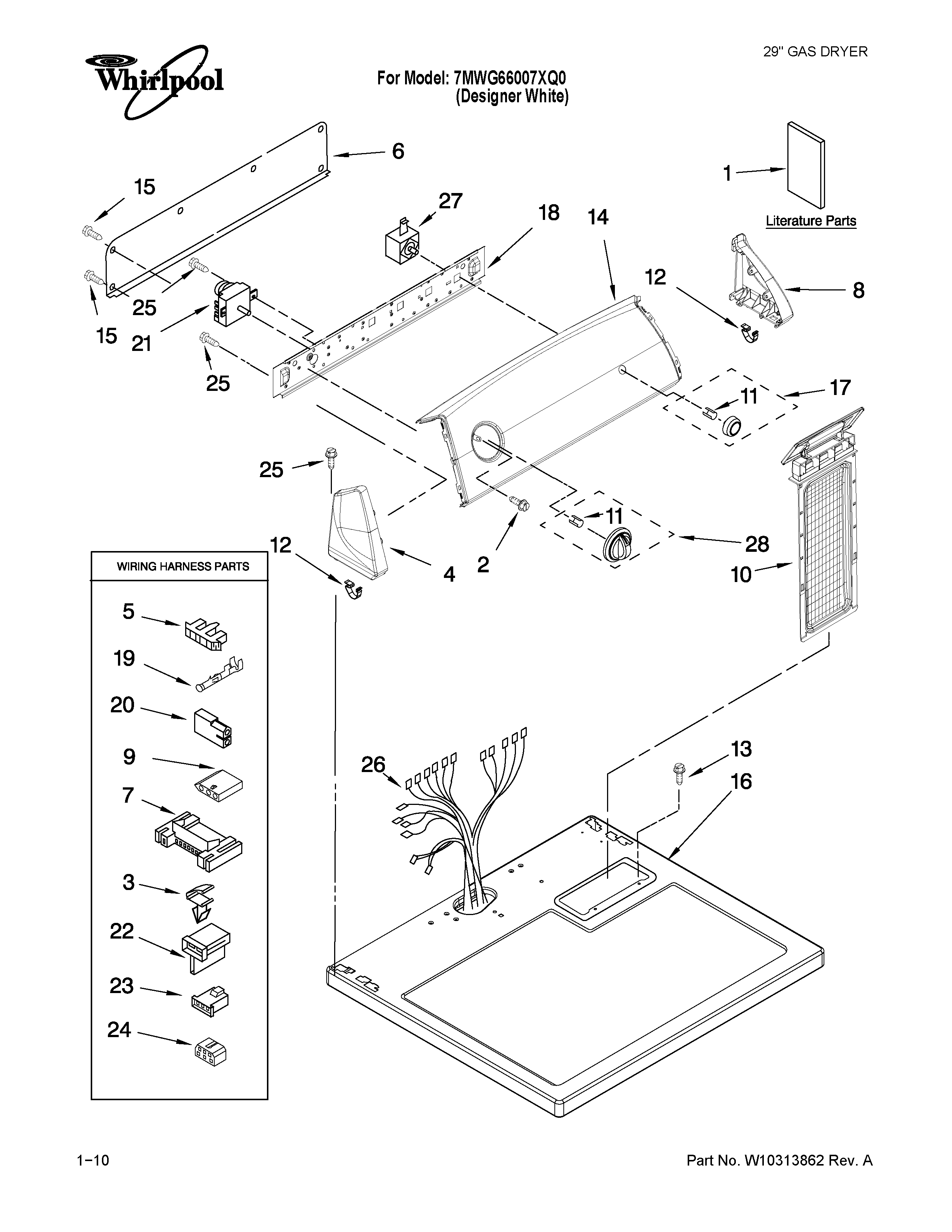 Whirlpool 7MWG66007XQ0 top and console parts diagram