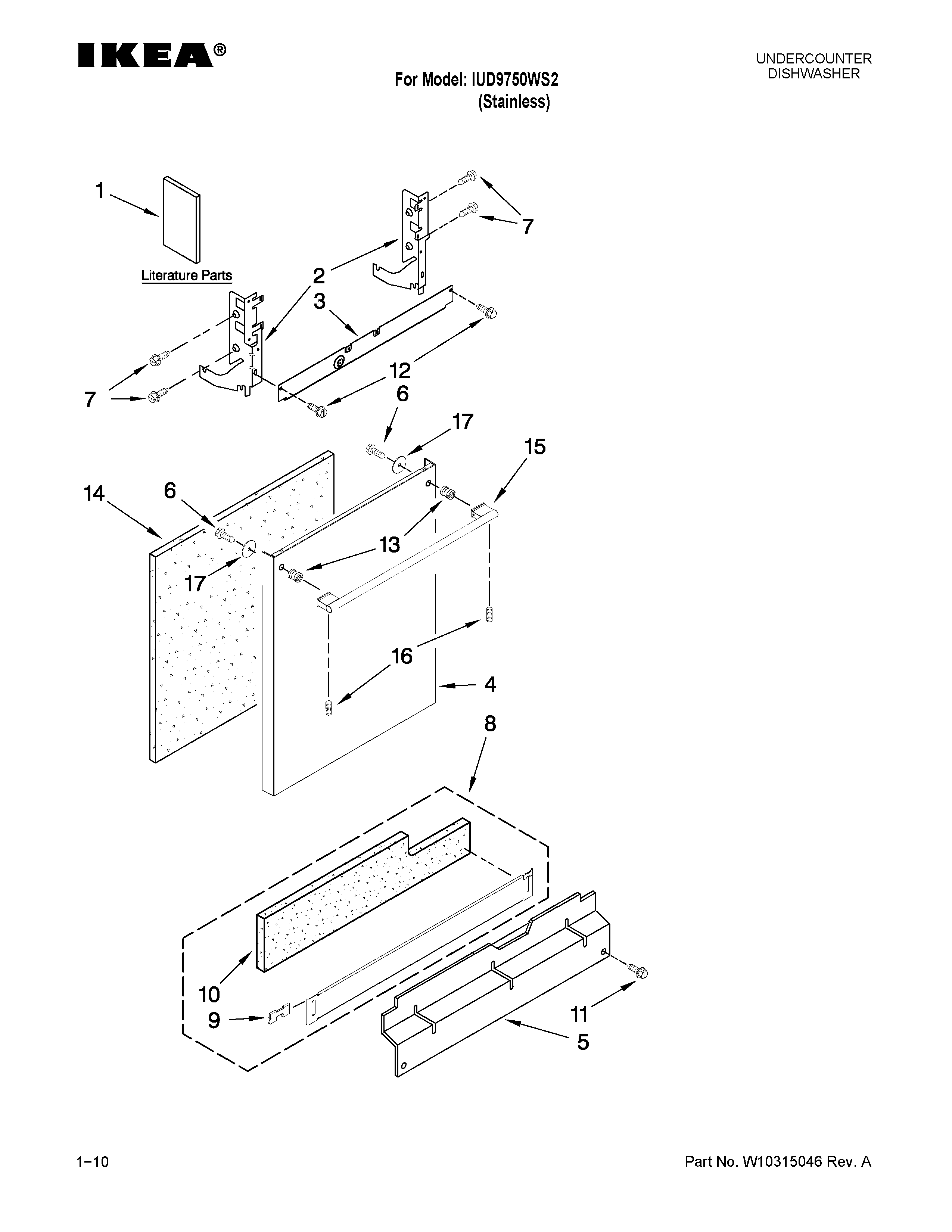 Ikea IUD9750WS2 door and panel parts diagram